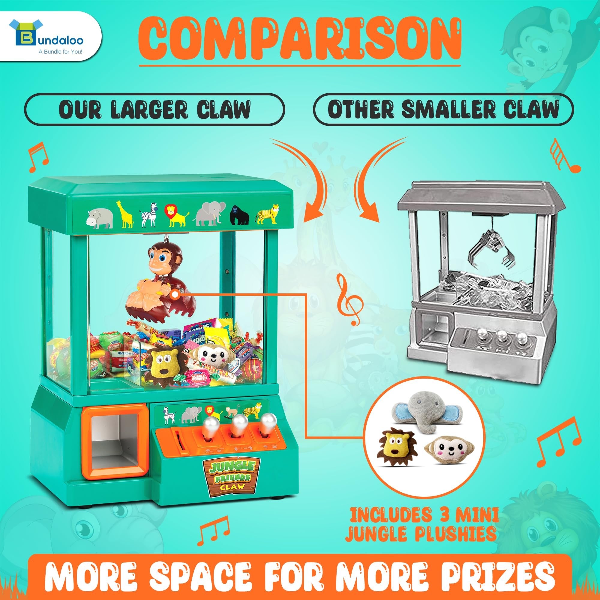 Bundaloo Claw Machine for Kids - Jungle Themed Miniature Candy Grabber with 3 Mini Plush Toys, 30 Reusable Tokens - Electronic Prize Dispenser Toy Party Game for Children