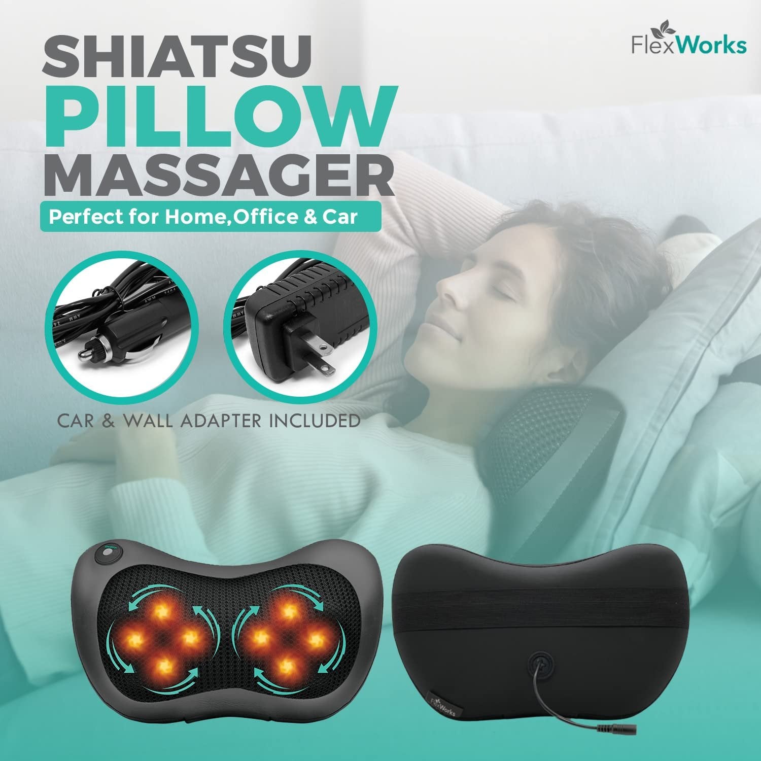 FlexWorks Shiatsu Neck & Back Massager with Heat, Deep Tissue Neck Pillow Massager for Pain Relief, Electric Lower Back Massager, Deep Kneading Shoulder Massager for Full Body Muscle, at Home and Car