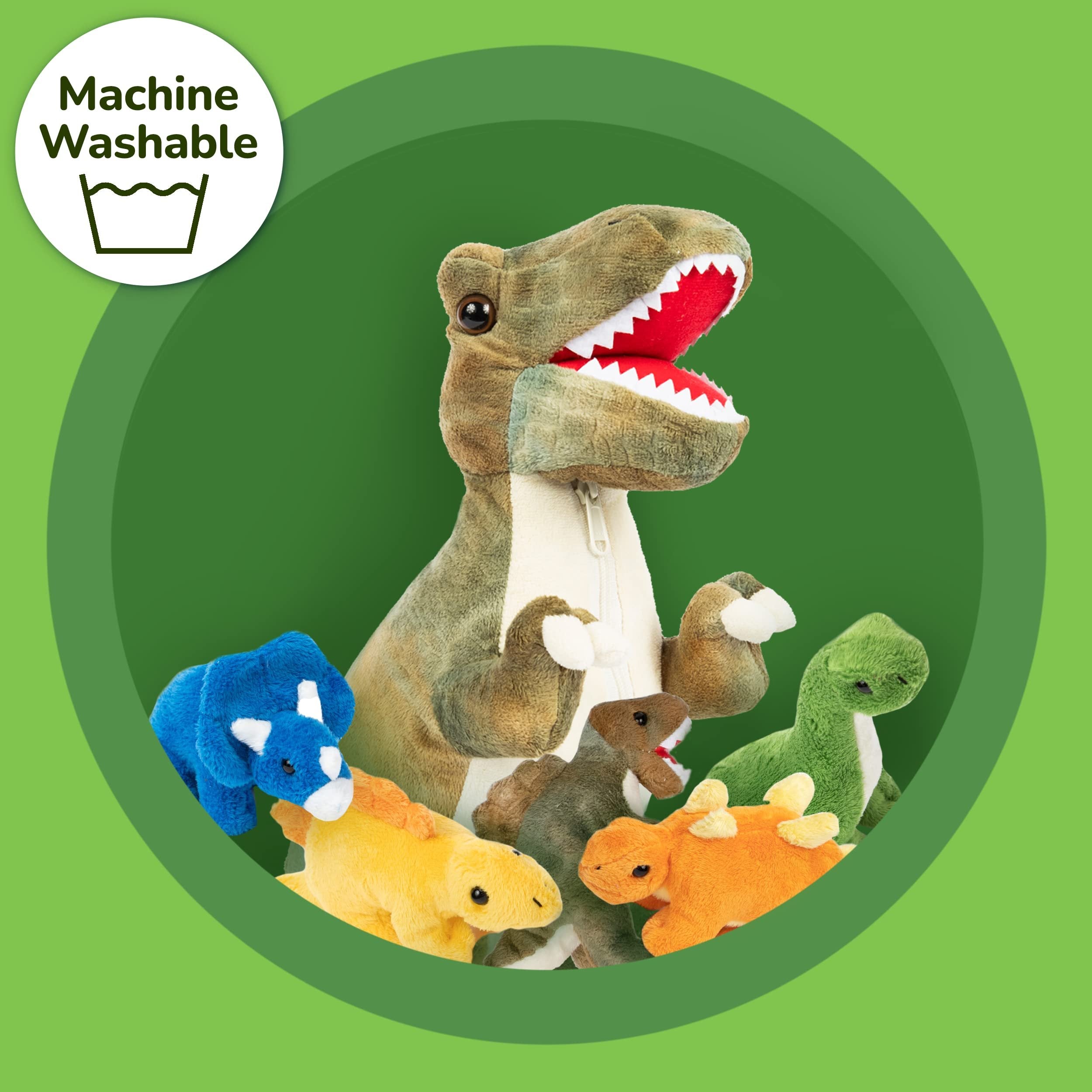 PREXTEX 15" T-rex Dinosaur Stuffed Animal Set w/ 4 Plush Dinosaur Toys Inside, Large Zippered Pouch for Boys & Girls, Colorful Dinosaur Plushies for Kids 3-5
