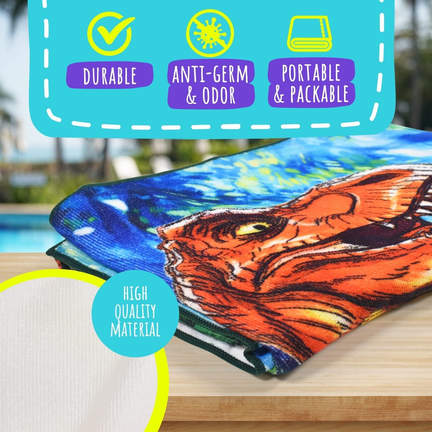 Beach Towel - Microfiber Beach Towels for Kids, Great for Beach, Bath, Swimming, Sports, Camping, Quick Fast Dry Sand Proof Super Soft Breathable and Lightweight Beach Towel (Dinosaur, Towel)