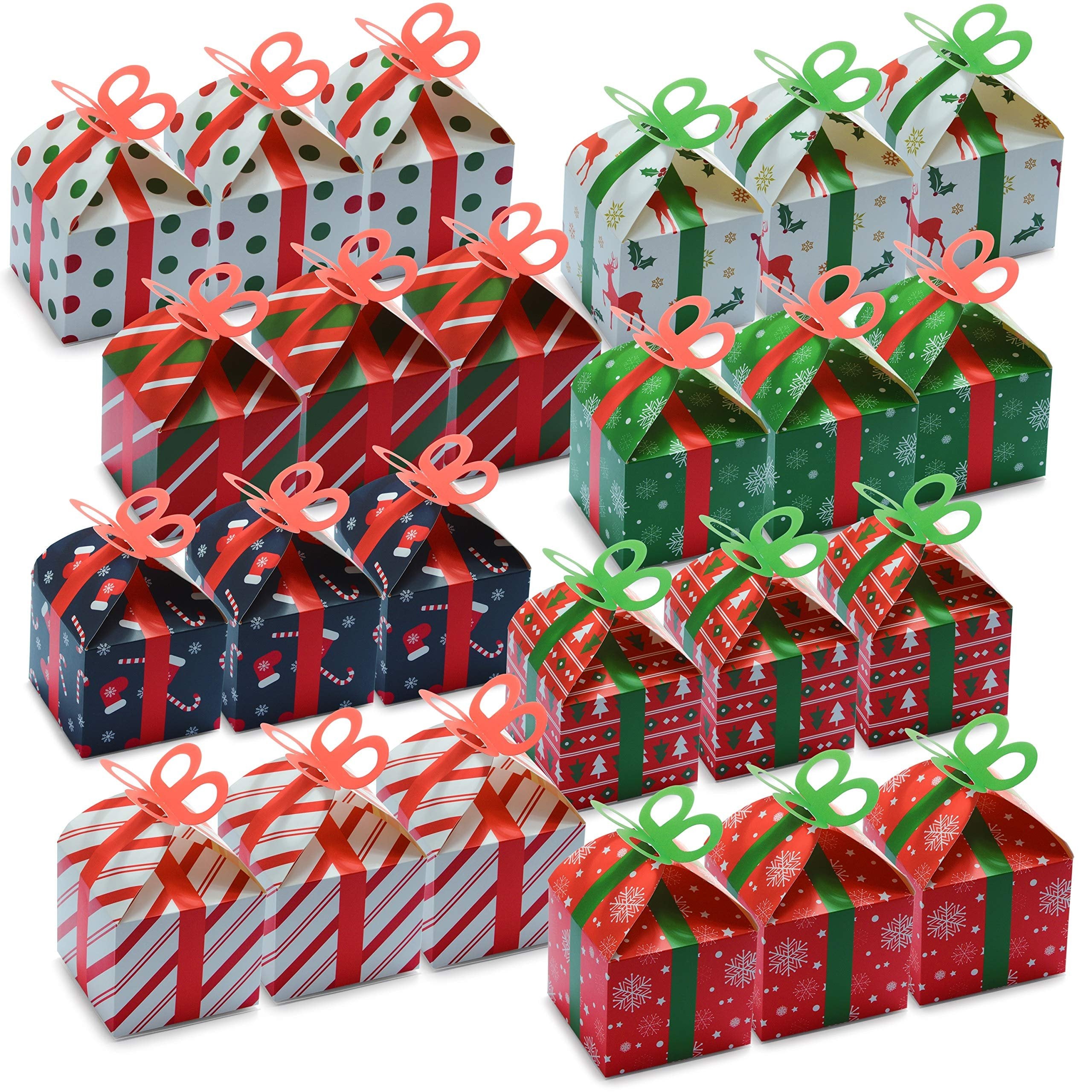 PREXTEX 24 Assorted 3D Christmas Small Gift Box Holiday Goodie Paper Boxes Xmas Treats Party Favors - 24 Pack | Great for Packaging Treat, Candy, Cupcake, Birthday Gift, and Other Party Favor Items