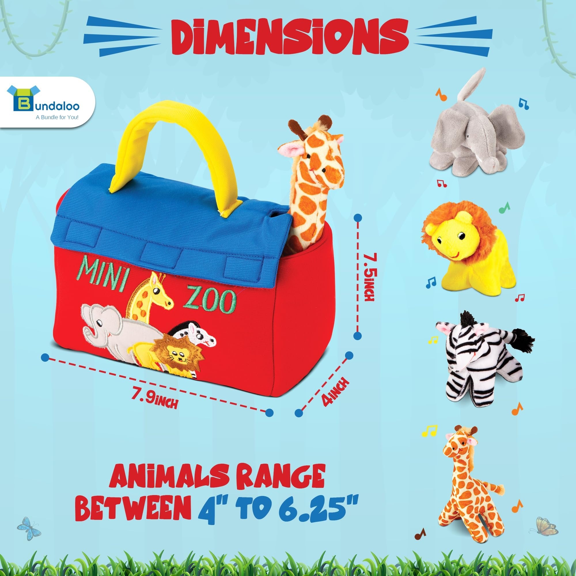 Bundaloo Plush Mini Zoo Playset - Giraffe, Elephant, Lion, Zebra - Interactive Animals, Carrier with Velcro Closure, Natural Sound Effects for Babies and Toddlers