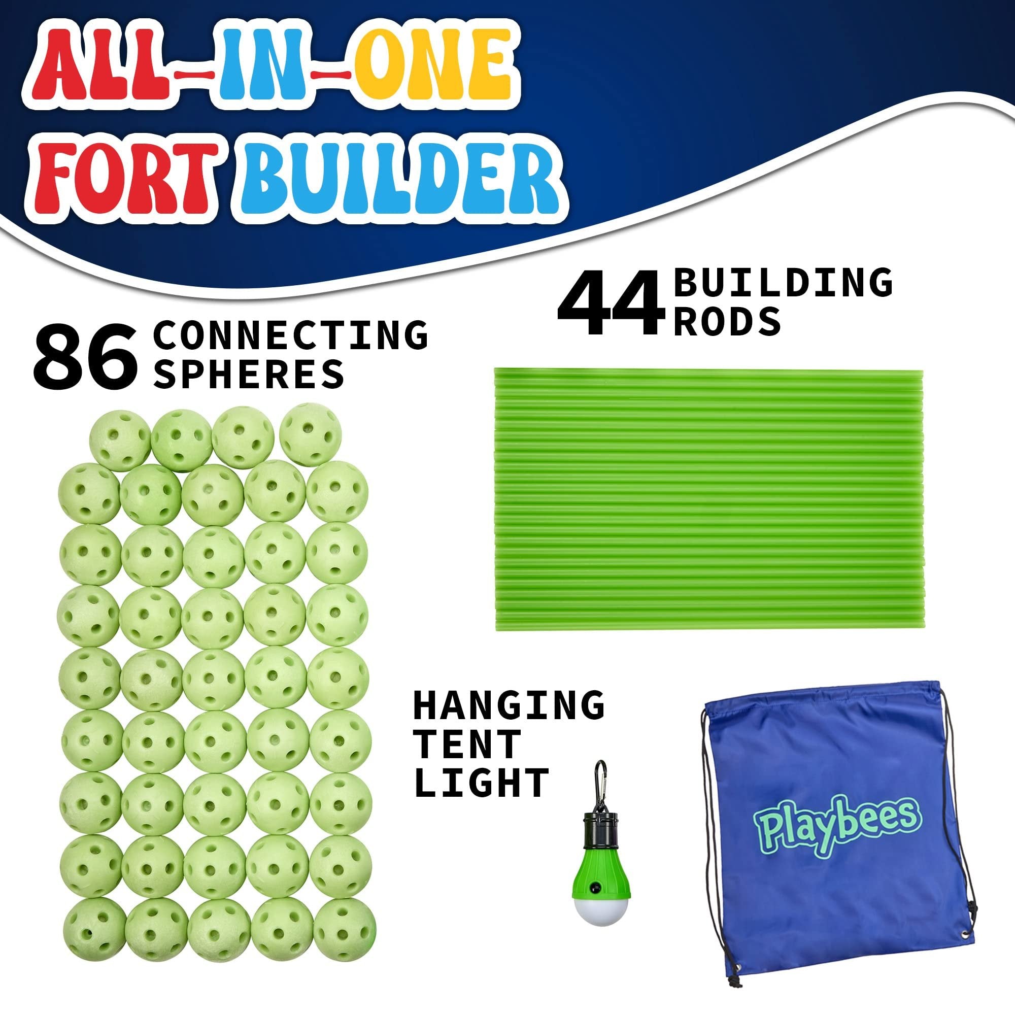 Playbees Glow in The Dark Fort Building Kit with Rods and Connectors - 132 Pieces - Glow in The Dark - Ages 4-8, 8-12 STEM Building Toy, Construction Set for Kids, DIY Castle, Birthday Gift