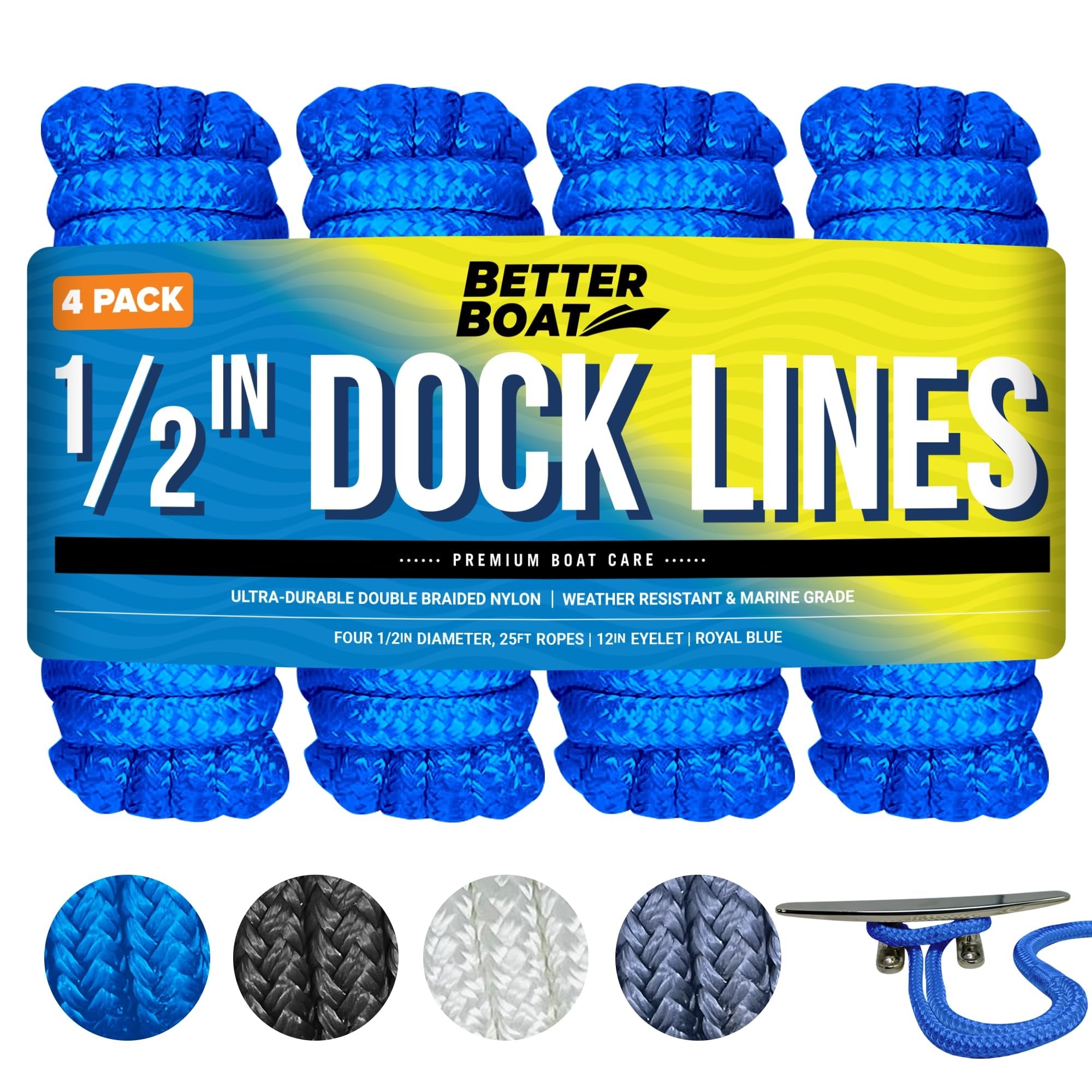 Boat Dock Lines & Rope Boat Ropes for Docking 1/2" Line Braided Mooring Marine Rope 25FT 1/2 Inch Nylon Rope Boat Dock Lines for Docking Boat Lines Boating Rope Braided with Loop Royal Blue 4 Pk
