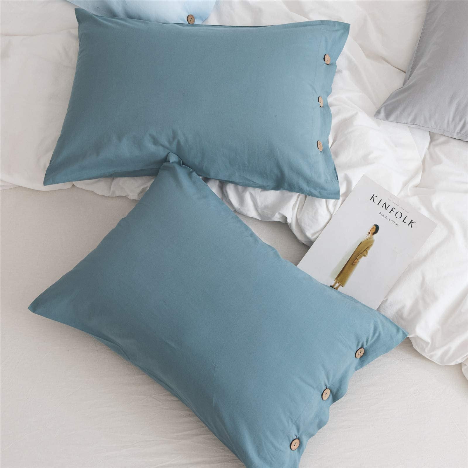 JELLYMONI Grayish Blue 100% Washed Cotton Standard Pillowcases Set, 2 Pack Luxury Soft Breathable Pillow Covers with Button Closure(Pillows are not Included)