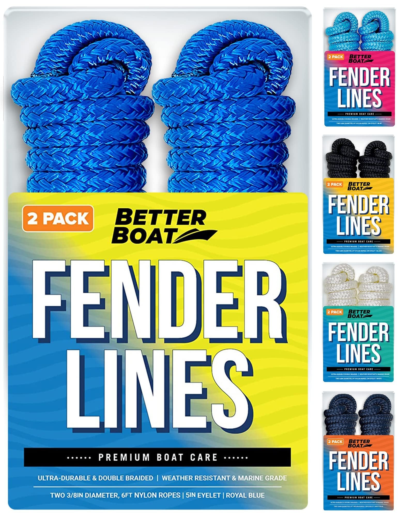 Boat Fender Lines for Boat Bumper Fender Boat Lines Hangers Bag Buoy Marine Rope for Boats or Dock Line Jet Ski Mooring or Small Boating Docking Double Braided Nylon 6 Feet 3/8 inch with Loop 2 Pack