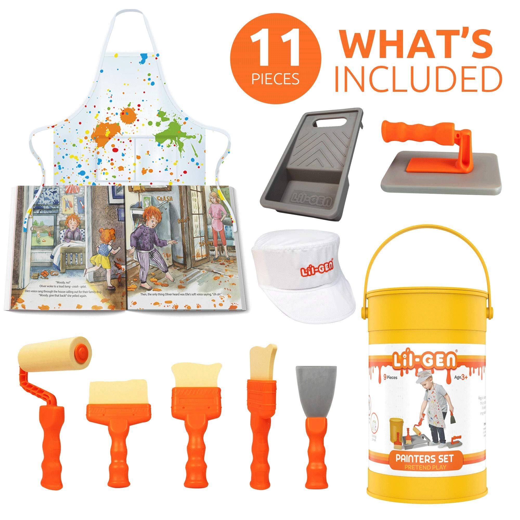 Li’l-Gen Pretend Play Painter Set with Book - 11 Piece Kids Tool Set with Dress Up Cap and Apron - Mess Free Toddler Toys for Boys and Girls - Gift Toys for Ages 3 + Years Old