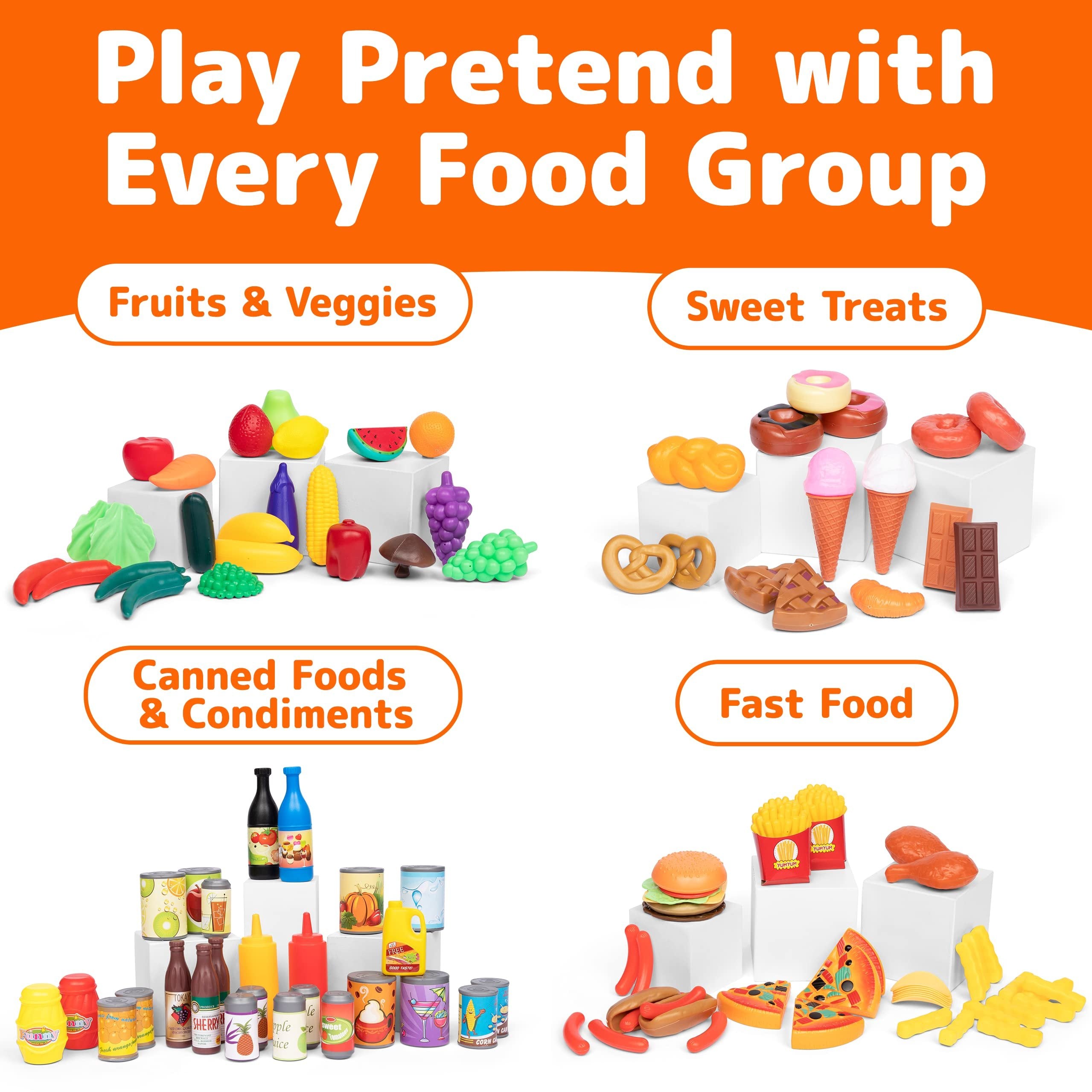 JaxoJoy Pretend Play Food Set for Ages 3+ (122pcs) - Toy Food Assortment Playset for Kids&Toddlers, Mini Kitchen Food Sets, Kitchen Toys, Fake Food, Imaginative Play Kitchen Accessories, Gift for Kids