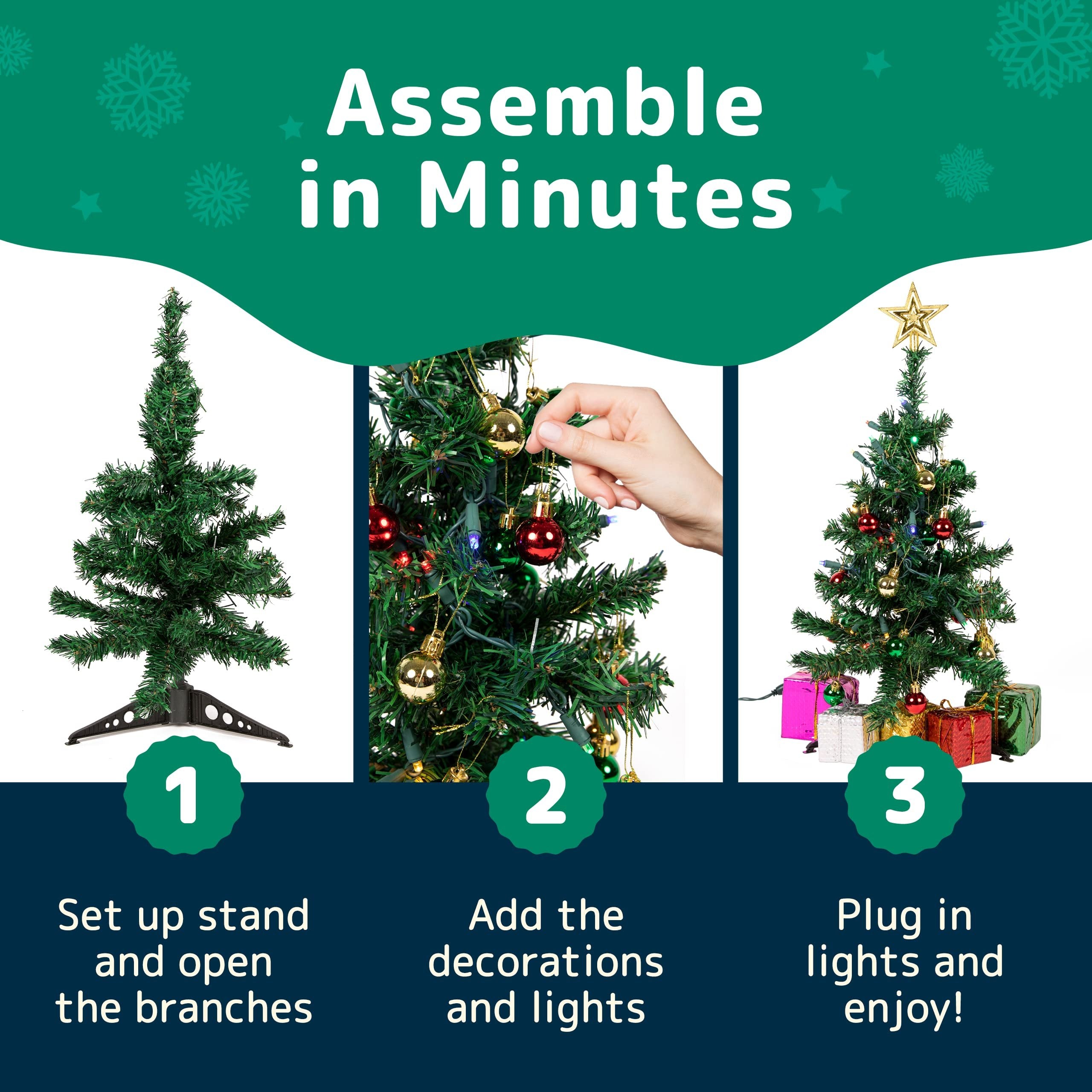Prextex 23” Mini Black Christmas Tree with Lights Ornaments & Presents - Small Black Christmas Tree with Lights Black Mini Christmas Tree - Warm White LED Lights