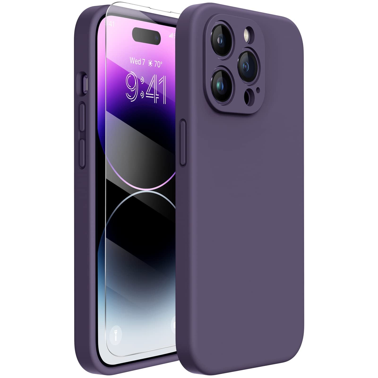 Miracase Designed for iPhone 14 Pro Max Phone Case with Screen Protector,[Upgraded Enhanced Camera Protection],Shockproof Liquid Silicone Case with Microfiber Lining,6.7 inch(Dark Purple)