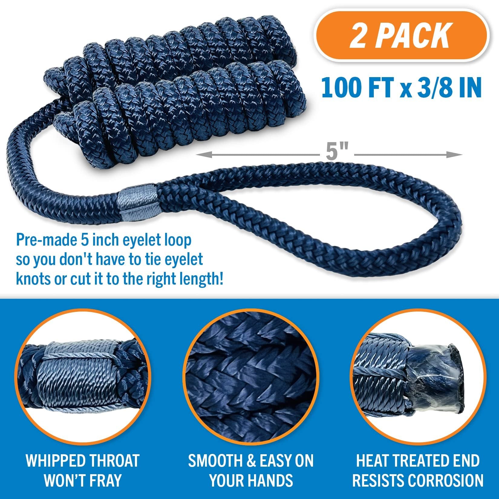 Boat Fender Lines for Boat Bumper Fender Boat Lines Hangers Bag Buoy Marine Rope for Boats or Dock Line Jet Ski Mooring or Small Boating Docking Double Braided Nylon 6 Feet 3/8 inch with Loop 2 Pack