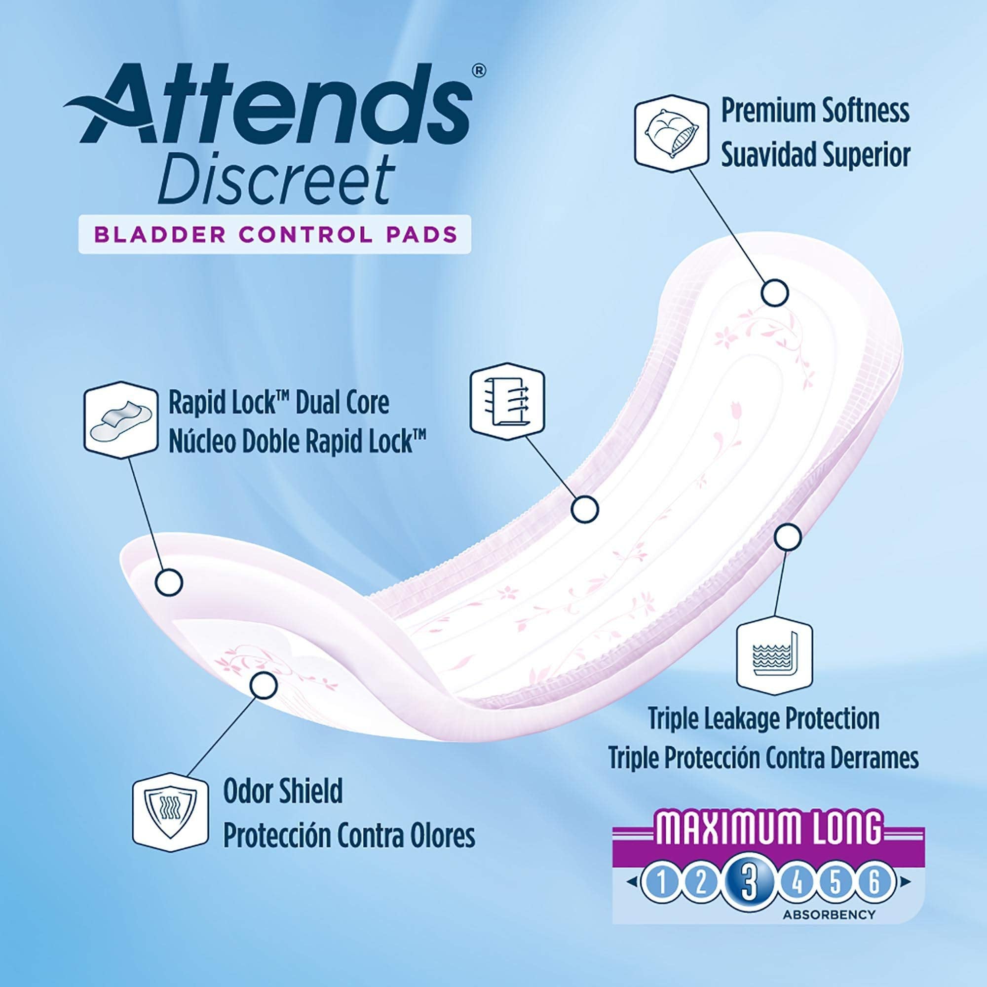 Attends Discreet Bladder Control Pads, Moderate Absorbency, One Size Fits Most, 14 1/2 in, 20 Count, 1 Pack