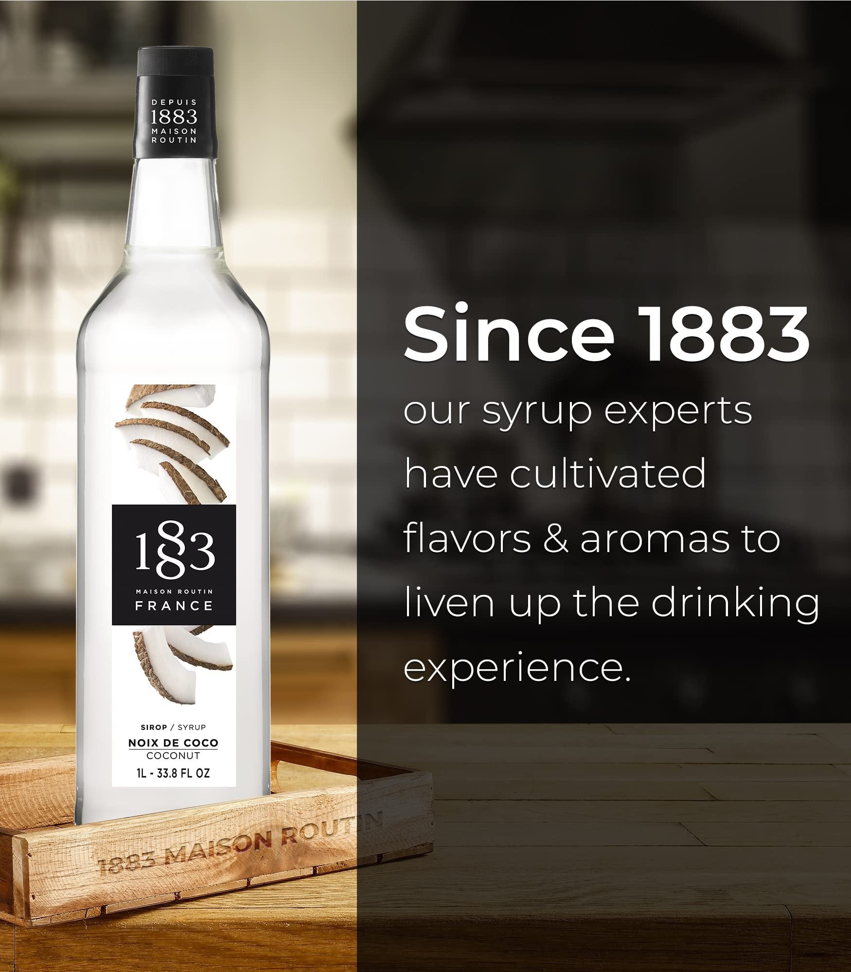 1883 Coconut Syrup - Flavored Syrup for Hot & Iced Beverages - Gluten-Free, Vegan, Non-GMO, Kosher, Preservative-Free, Made in France | 1 Liter Bottle (33.8 Fl Oz)
