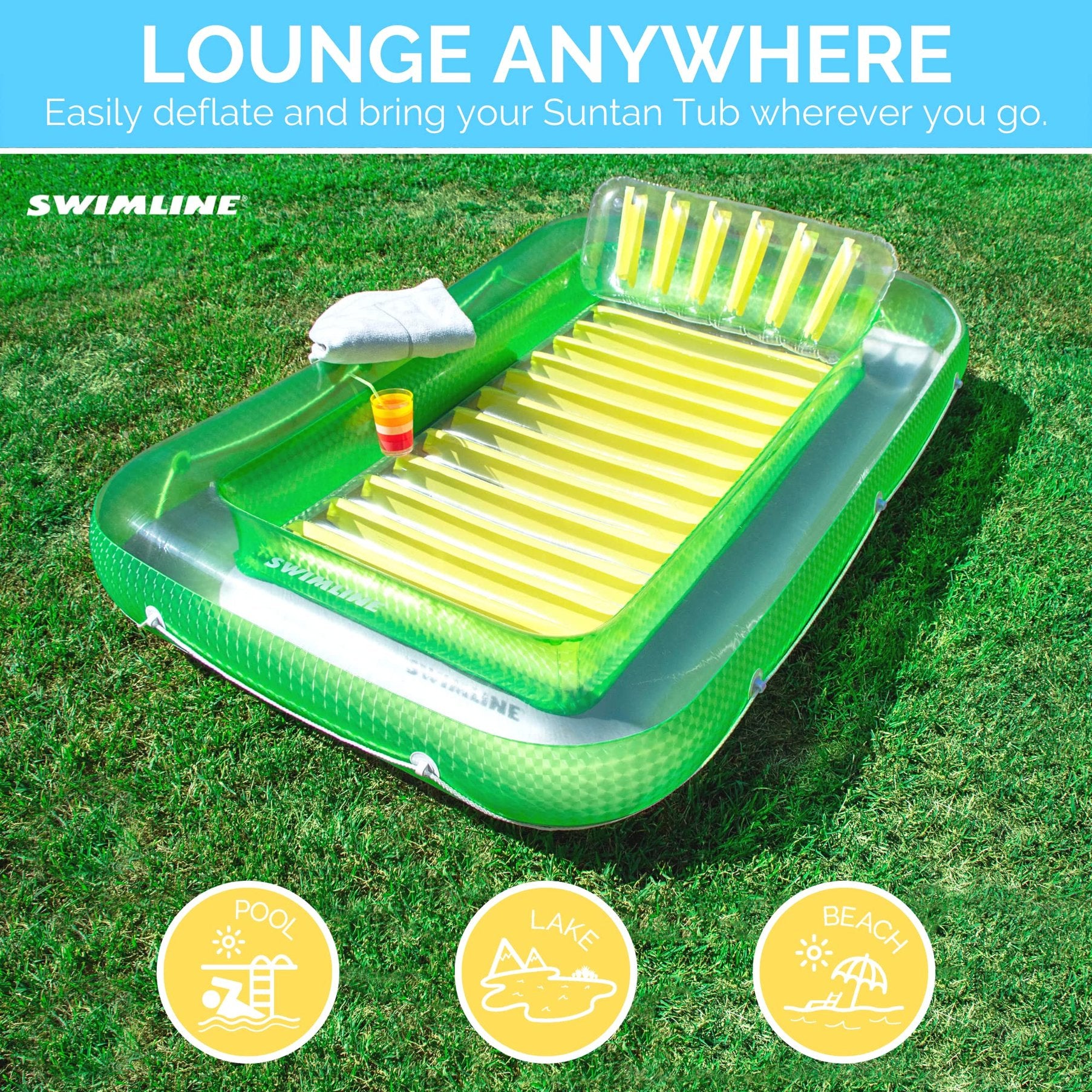 SWIMLINE Original Suntan Tub Classic Edition Inflatable Floating Lounger Green and Yellow | Tanning Pool Hybrid Lounge