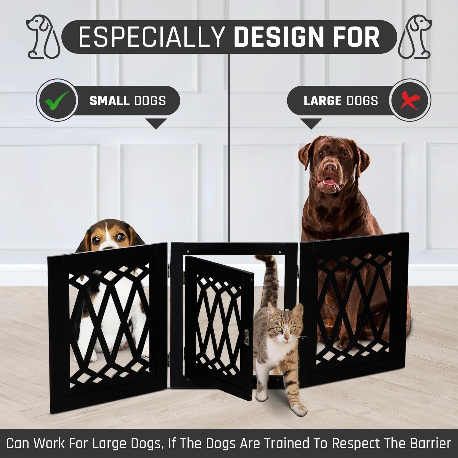 Bundaloo Freestanding Dog Gate with Door Expandable Decorative Wooden Fence for Small to Medium Pet Dogs, Barrier for Stairs, Doorways, & Hallways (Black Diamond)