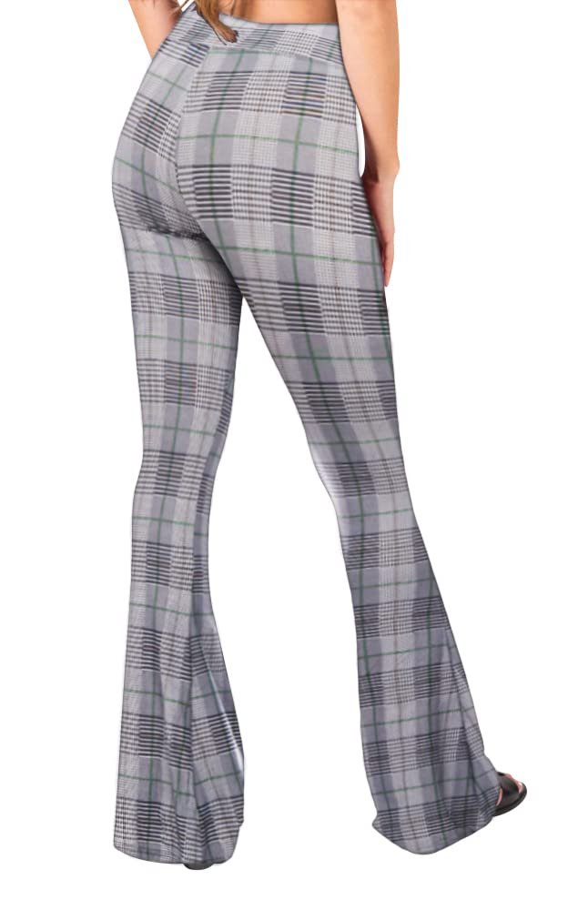 SATINA Womens High Waisted Flare Wide Leg Leggings, Printed & Solid, Reg & Plus, 10 Grey Plaid, Small