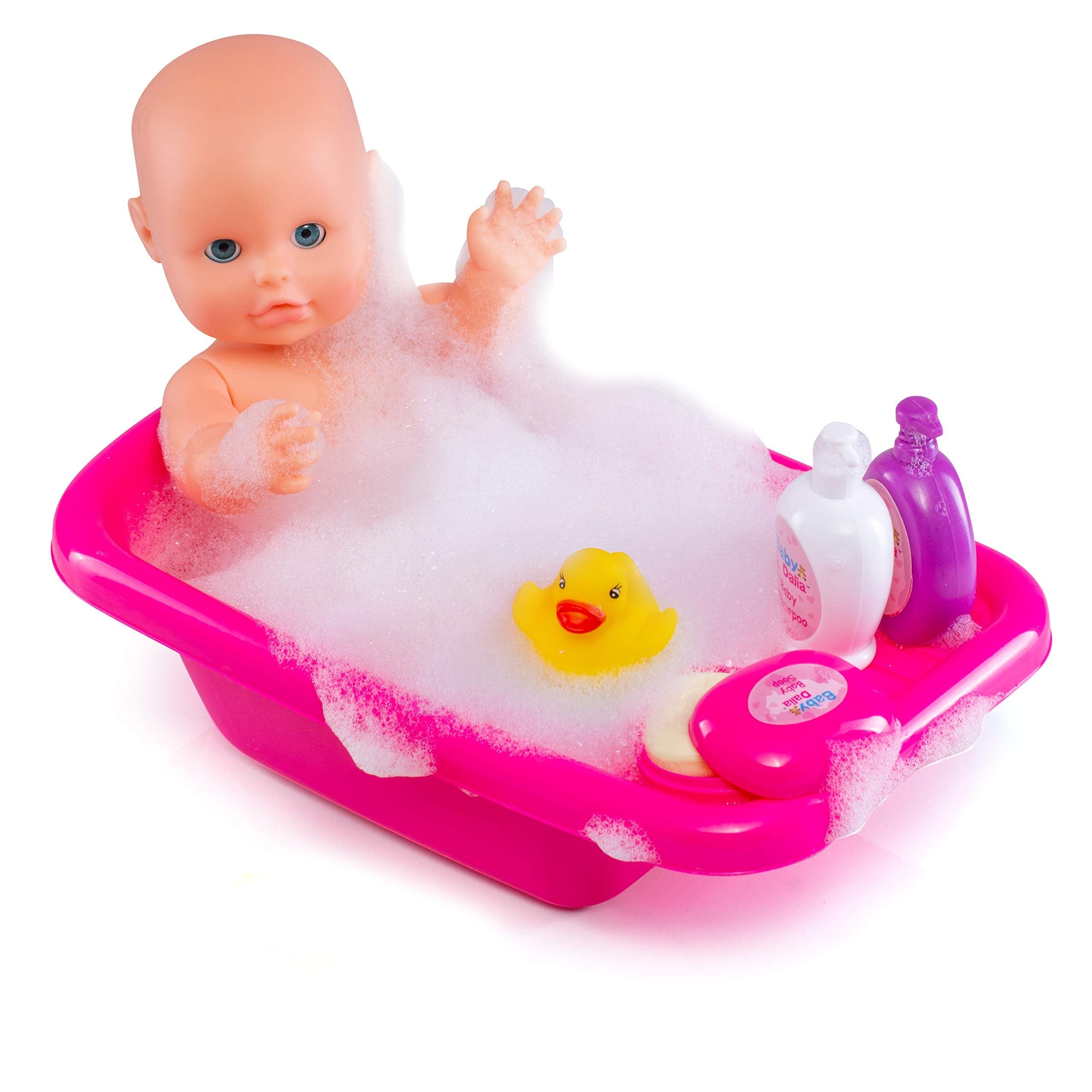 PREXTEX 8 Piece Baby Doll Bathtub Set with Doll, Crib-Shaped Bathtub, Robe and Bath Toys Accessories - Baby Dalia Dolls Bathing Gift Toy Alive-Like Set for Boys and Girls