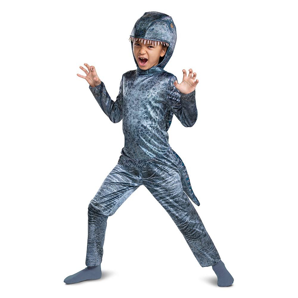 Jurassic World Blue Velociraptor Costume for Kids, Dinosaur Outfit with Headpiece and Detachable Tail, Kids Size Medium (7-8)