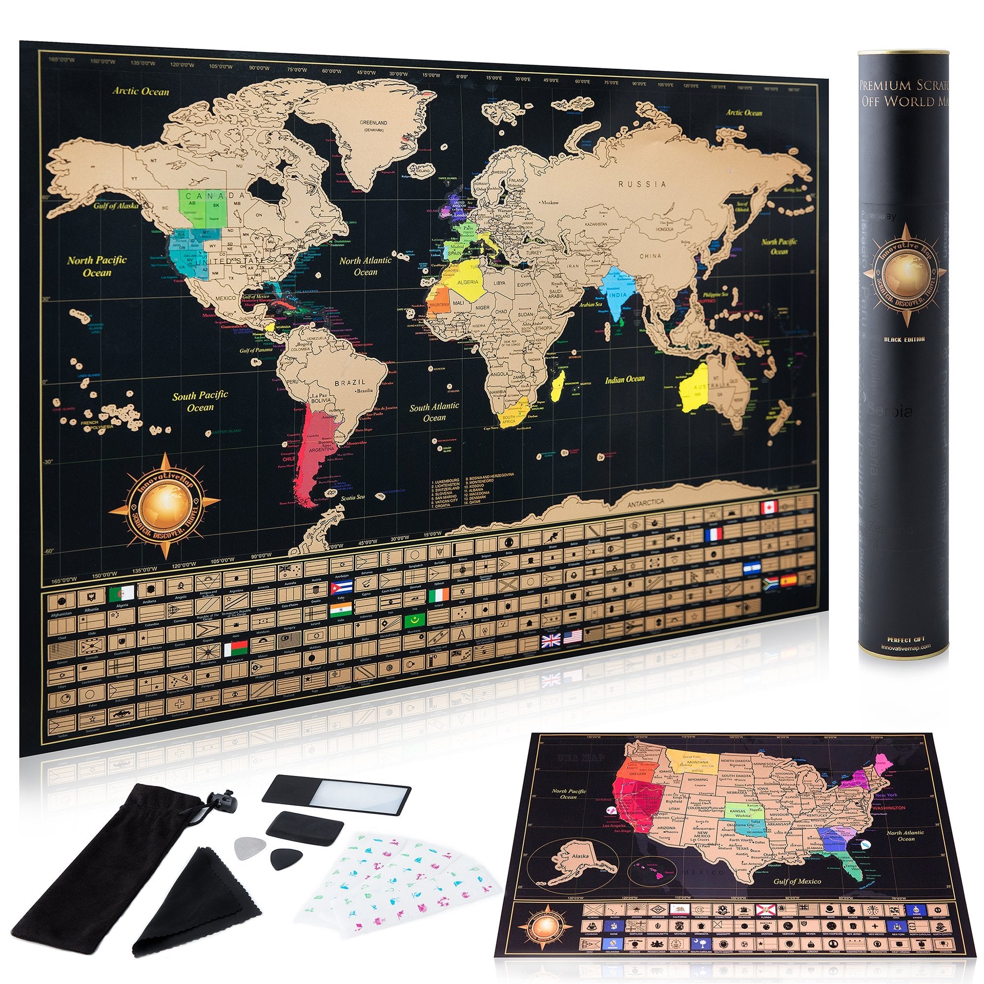 Scratch Off World Map Poster And Deluxe United States Map - Includes Complete Accessories Set & All Country Flags - Premium Wall Art Gift for Travelers, Map of the World