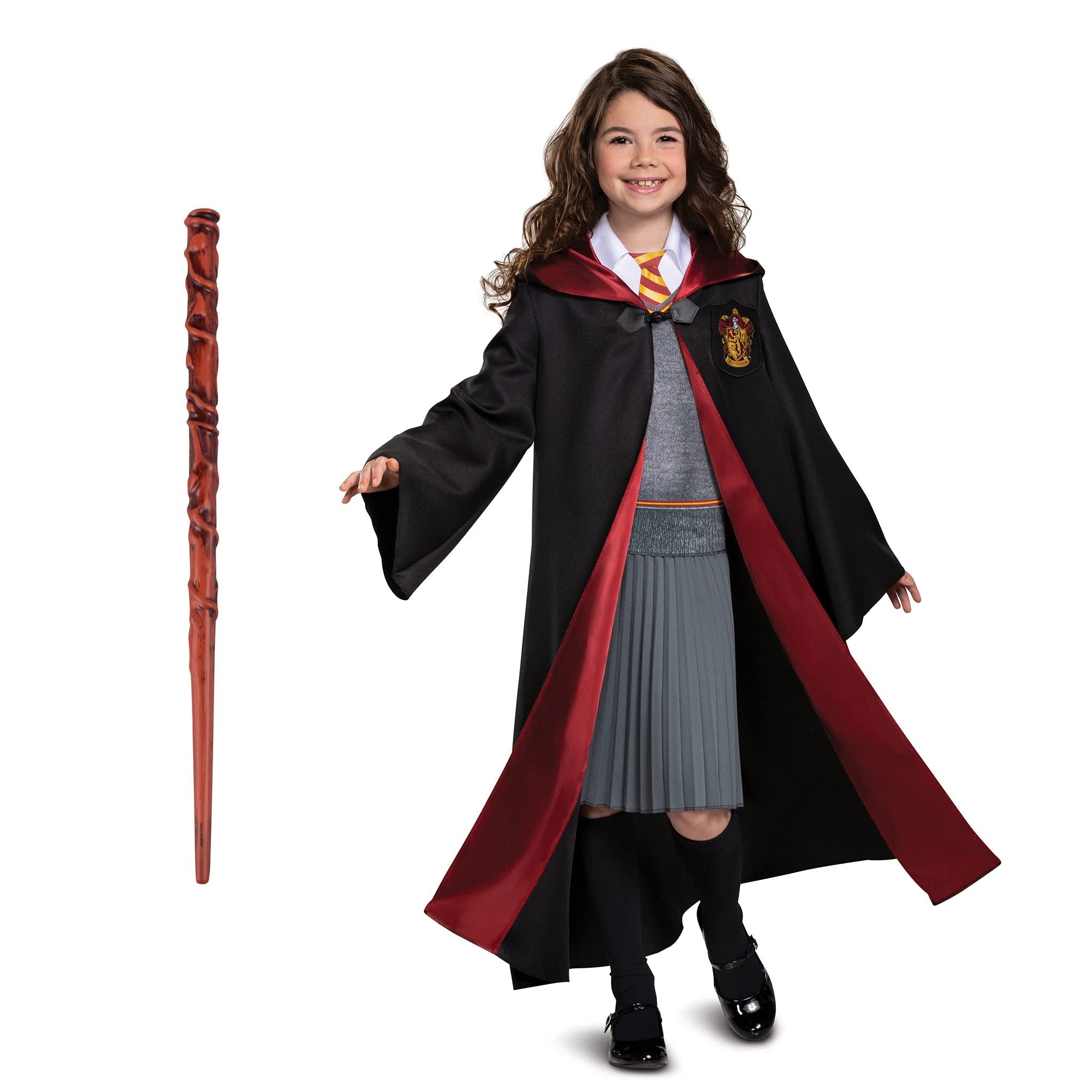 Hermione Costume Combo, Official Wizarding World Deluxe Hooded Robe and Wand for Kids, Size Medium (7-8)