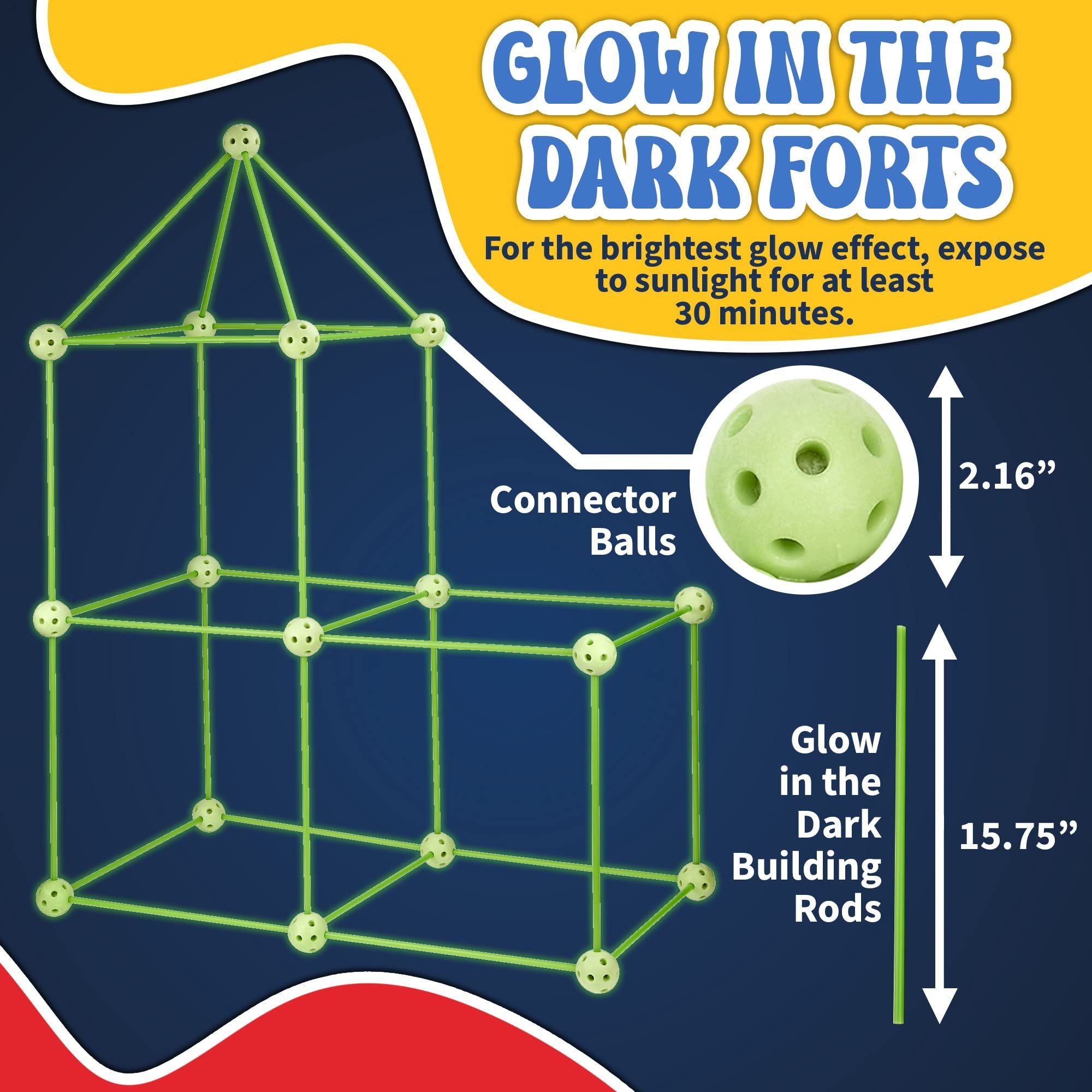 Playbees Glow in The Dark Fort Building Kit with Rods and Connectors - 132 Pieces - Glow in The Dark - Ages 4-8, 8-12 STEM Building Toy, Construction Set for Kids, DIY Castle, Birthday Gift