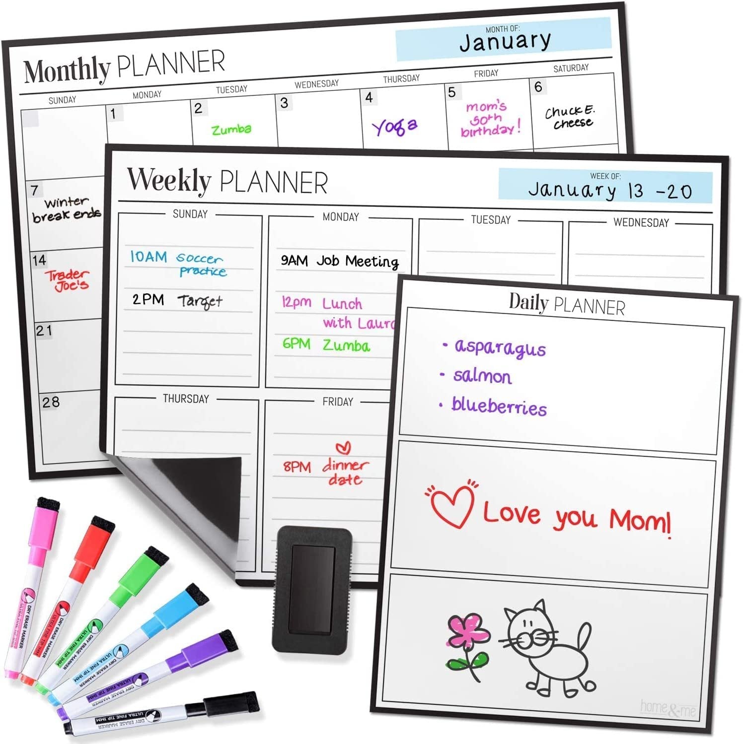Magnetic Calendar Bundle: 3 Boards Included 17"x12" - Monthly, Weekly, Daily - Fridge Calendar Dry Erase Magnetic - Calendar Whiteboard - 6 Fine Tip Markers, Large Eraser, Magnets, Fridge Whiteboard