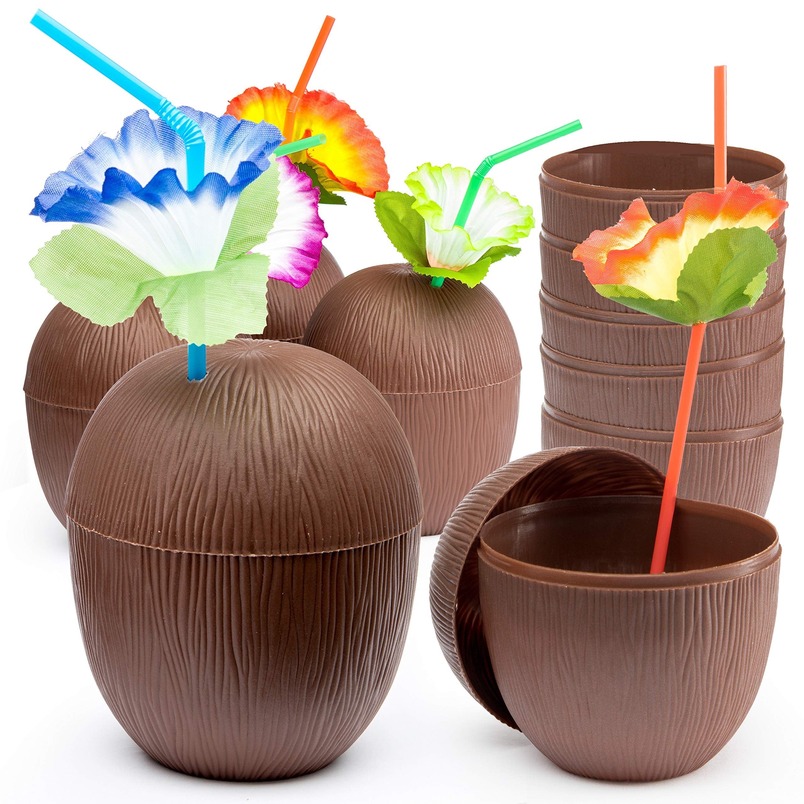 PREXTEX Coconut Cups with Flower Straws & Twist Close Lids (18 Pack) for Luau Party Decorations, Pool Parties, Moana Birthday Parties, Tropical Tiki Parties, Summer, Hawaiian Themed Party Decorations