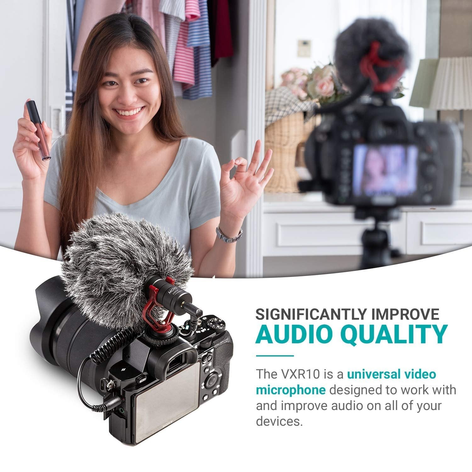 Movo VXR10 Universal Shotgun Mic for Camera - Camera Microphone for DSLR, iPhone and Android Smartphones - Compatible with Canon EOS, Nikon, and Sony Cameras - with Shock Mount, Deadcat Windscreen