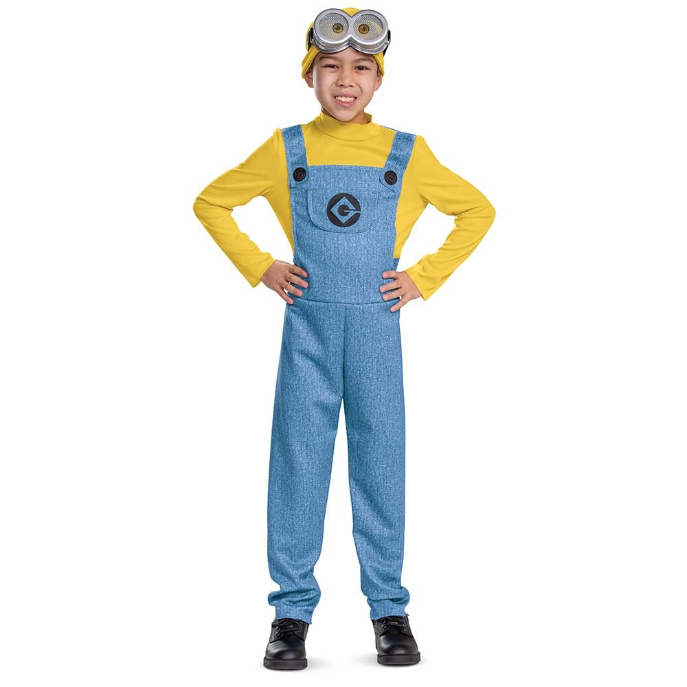 Bob Minions Costume for Kids, Official Minion Jumpsuit Outfit with Goggles and Hat, Classic Size Large (10-12) Multicolored