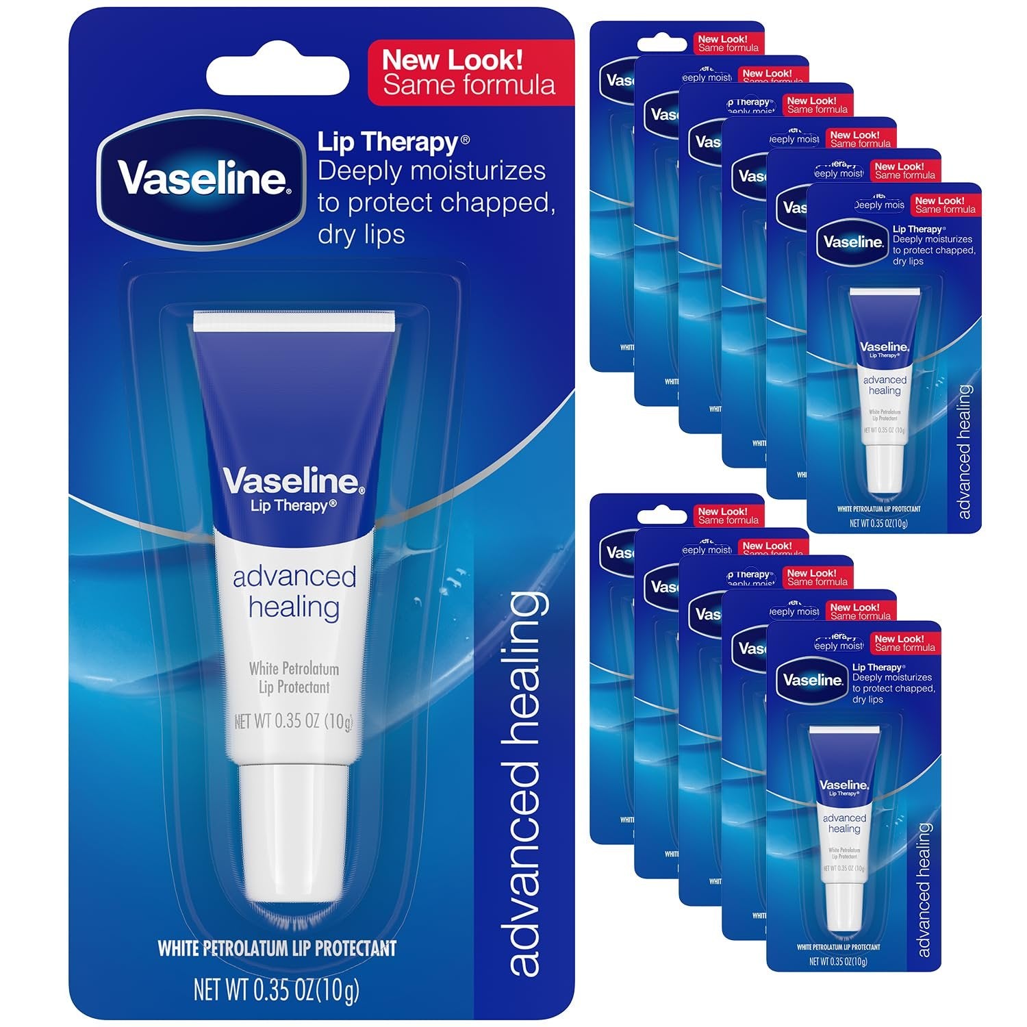 Vaseline Lip Therapy Advanced Petroleum Jelly, Skin Protectant, Travel Size .35 Oz, Pack of 12