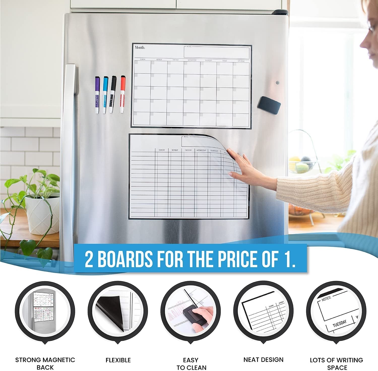 Magnetic Dry Erase Calendar and Chores Chart Bundle for Fridge: 2 Boards Included 17x12" - 6 Fine Tip Markers and Large Eraser with Magnets | Magnetic Chore Chart - Chore Board for Kids and Adults