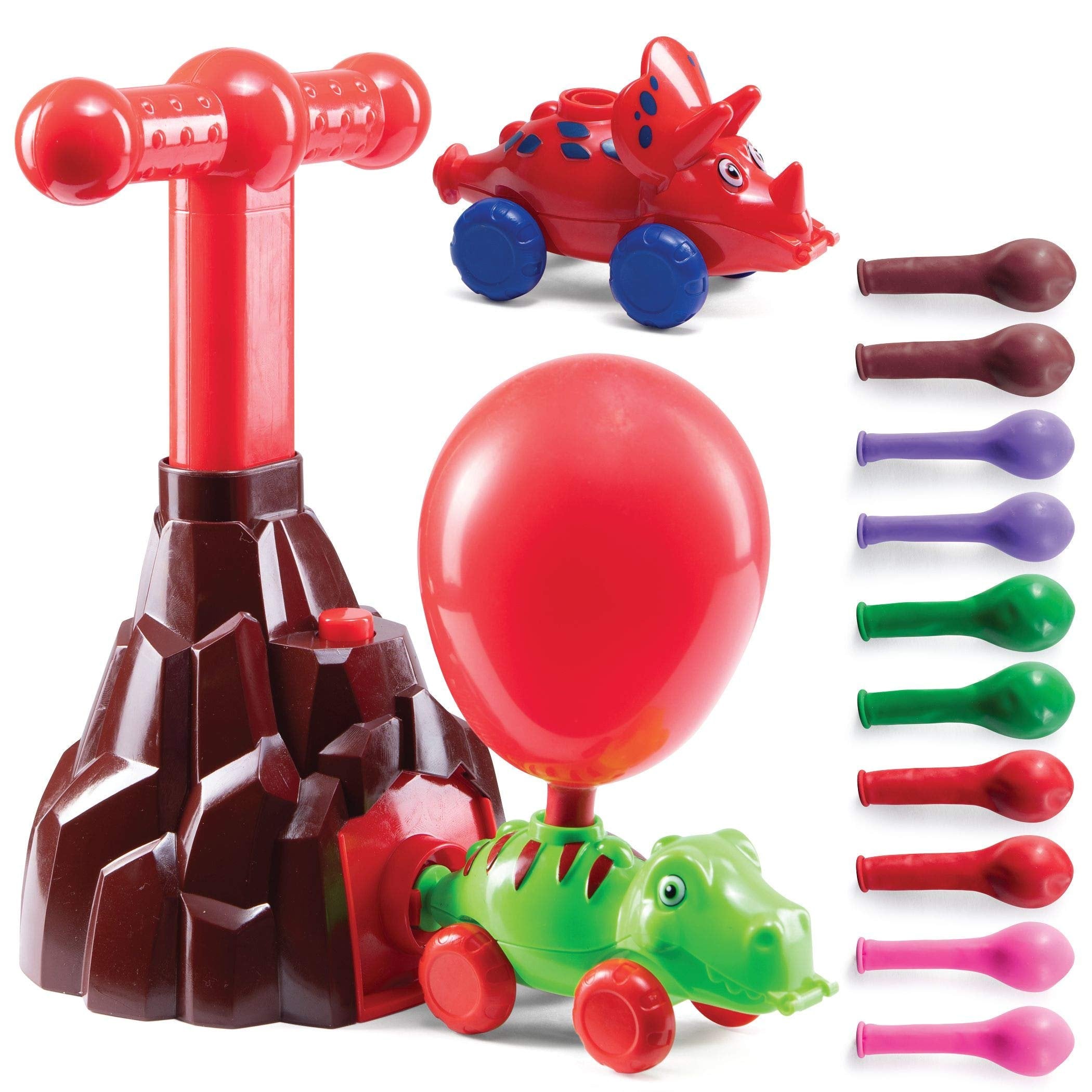 Prextex Air-Powered Dinosaur Car w/ Volcano Inflator/Pump & Balloon | Kids Science/STEM Toy Kit | Boy, Girl, Kid Gift Set Toys