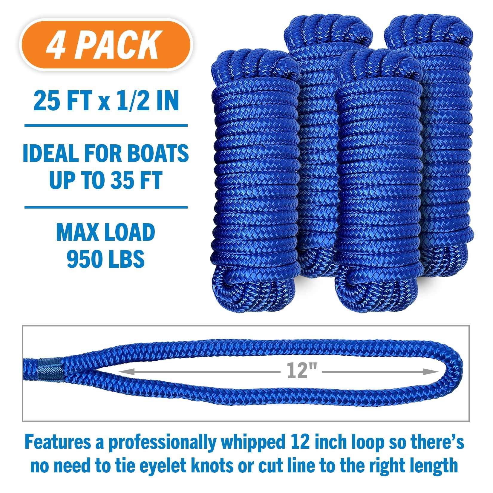 Boat Dock Lines & Rope Boat Ropes for Docking 1/2" Line Braided Mooring Marine Rope 25FT 1/2 Inch Nylon Rope Boat Dock Lines for Docking Boat Lines Boating Rope Braided with Loop Royal Blue 4 Pk