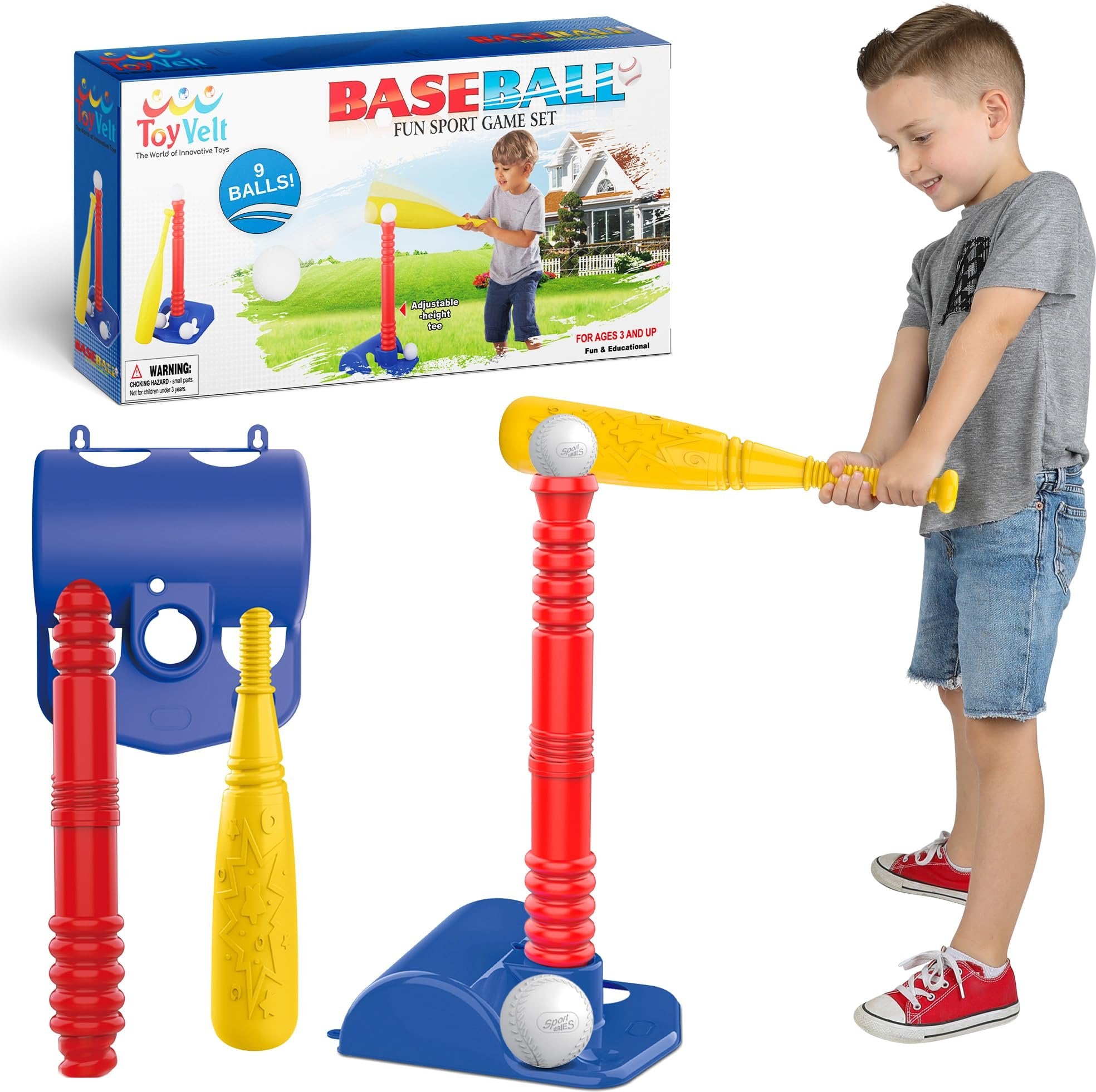 ToyVelt Tee Ball Set for Kids 3-5 - 9 Balls, Ideal Birthday Gift for Boys & Girls, Great for Toddlers (Multicolor)