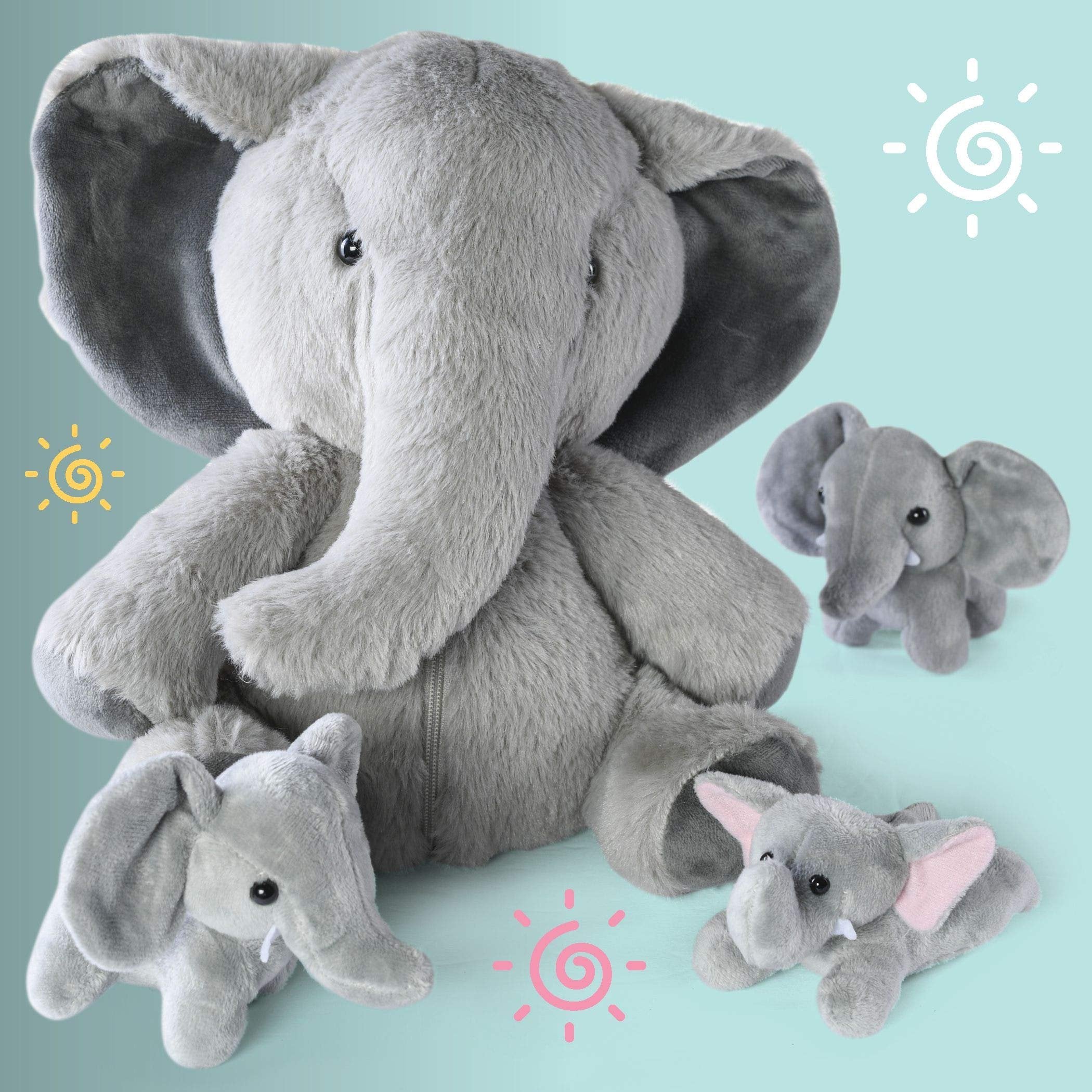 Prextex Plush Elephant Toys - Elephant Stuffed Animal with 3 Elephant Baby Stuffed Animals - Big Elephant Zippers 3 Little Plush Baby Elephant - Toys for Kids 3+ Years - Great Gift for Elephant Lovers