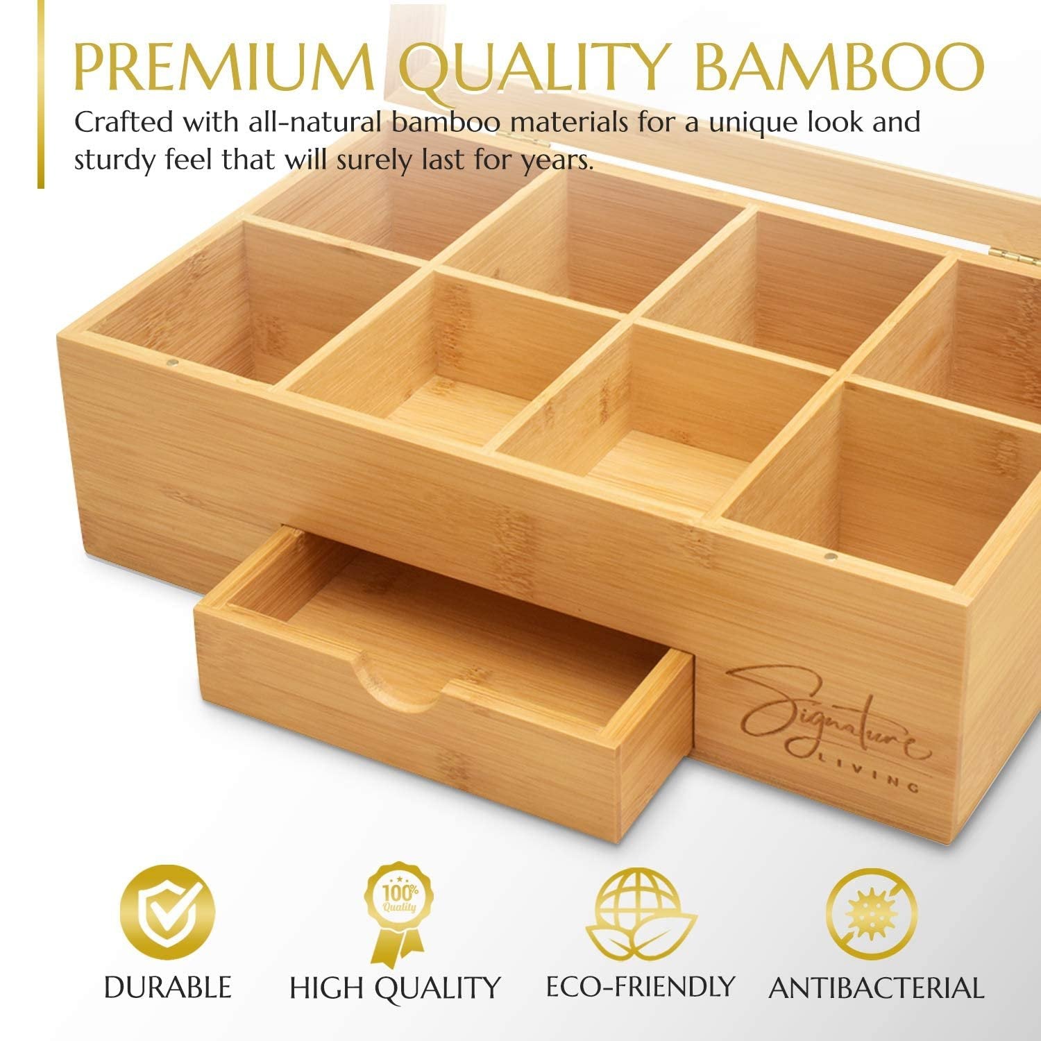 Signature Living Bamboo Wooden Tea Box Storage Organizer with Drawer (8 Compartments) Large Tea Organizer Box for Tea Bags and Loose Tea - Sturdy, Natural Bamboo