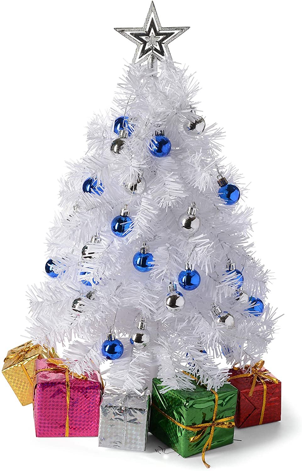 23 Mini White Christmas Tree w/ LED Lights - DIY Tabletop w/ Star Treetop & Hanging Ornaments