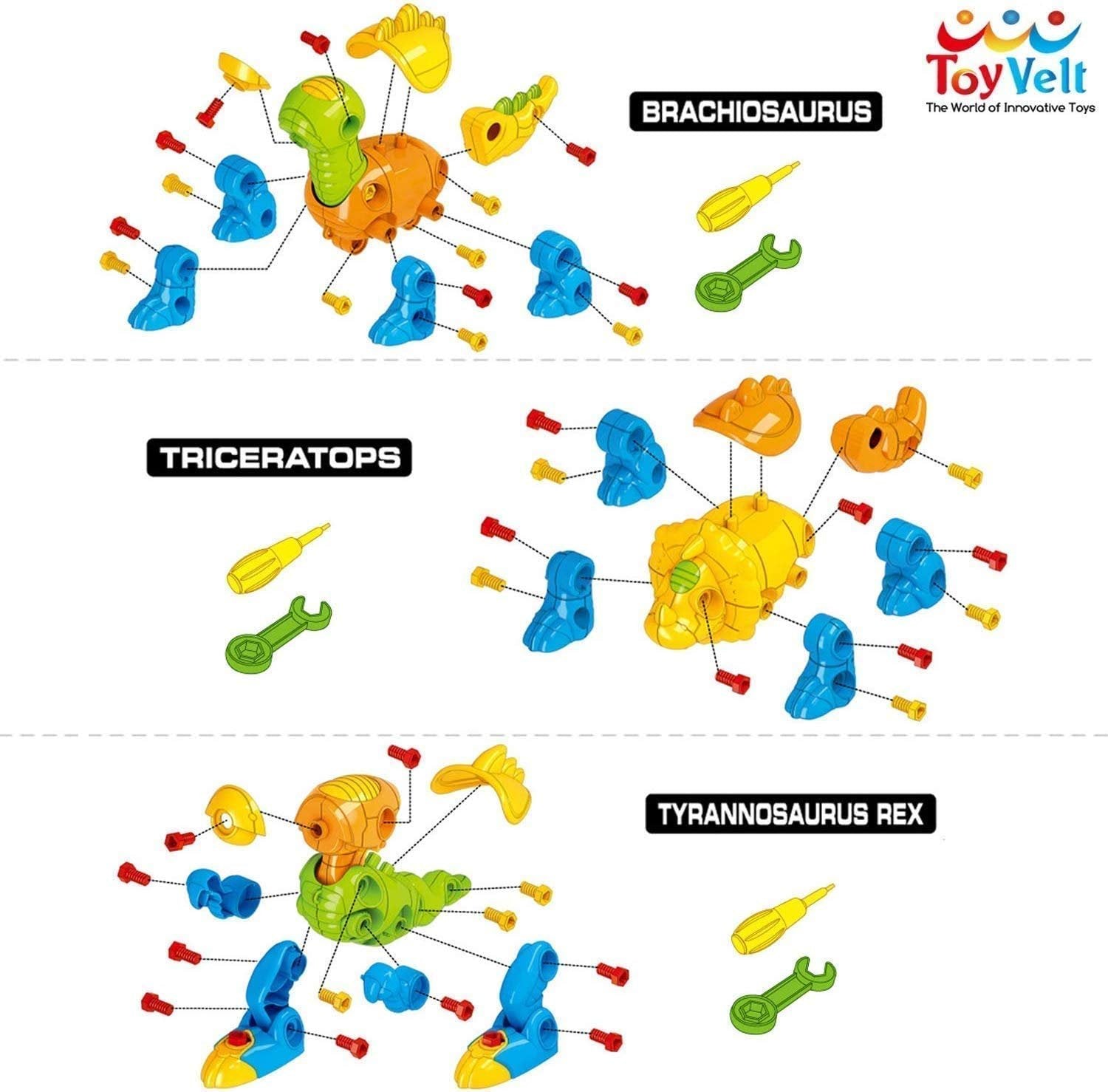 ToyVelt Take Apart Dinosaur Toys for Boys & Girls Age 3-12, 6 Dinosaur Toys with Rotating Wheels, 218 Piece STEM Construction Comes with a Storage Box, 12 Tools, Birthday Gifts Toys for 5 Year Old