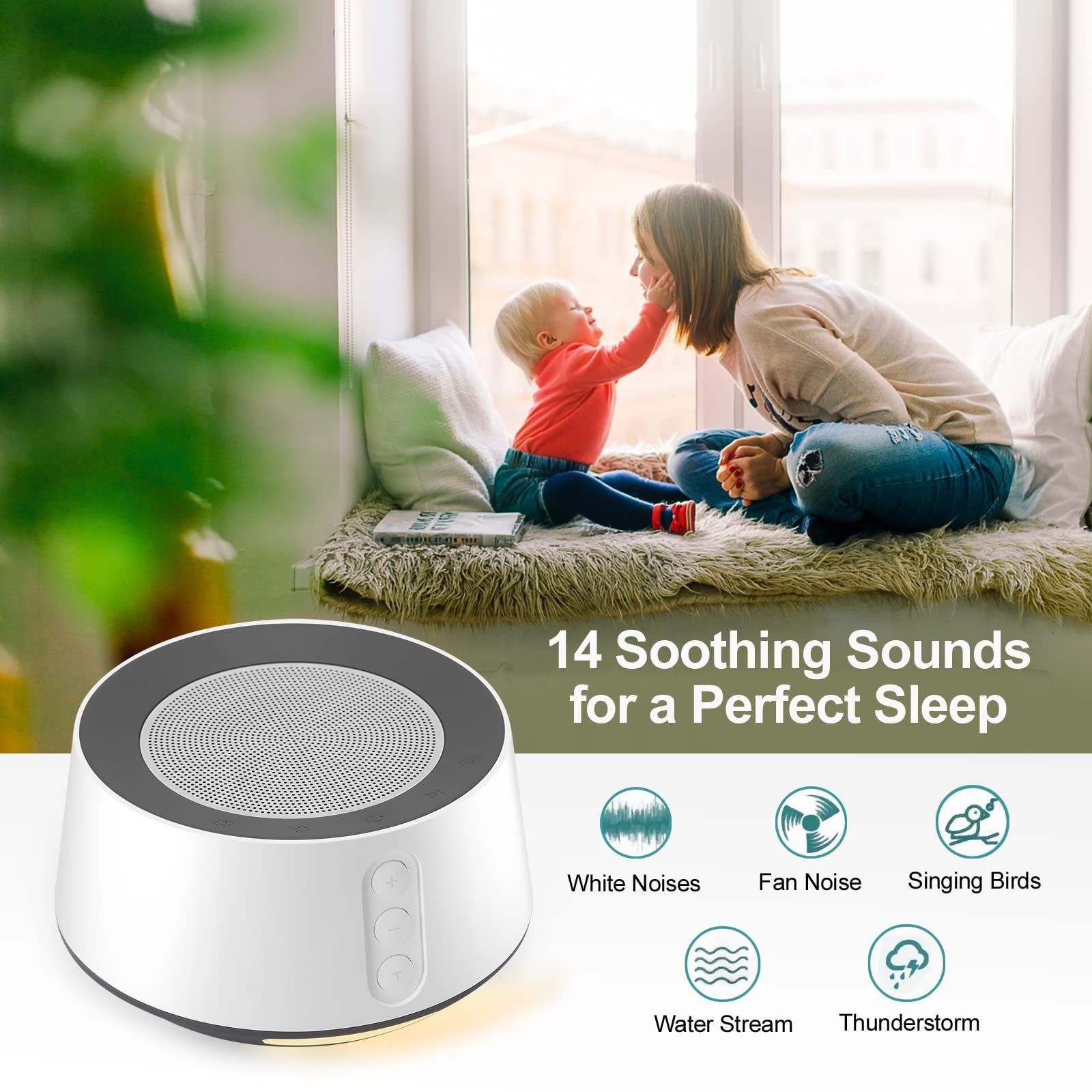 White Noise Machine with 14 High Fidelity Soundtracks, 10 Level Night Lights, Full Touch Metal Grille and Buttons, Timer and Memory Features, Plug in, Lullaby Machine for Baby, Adults