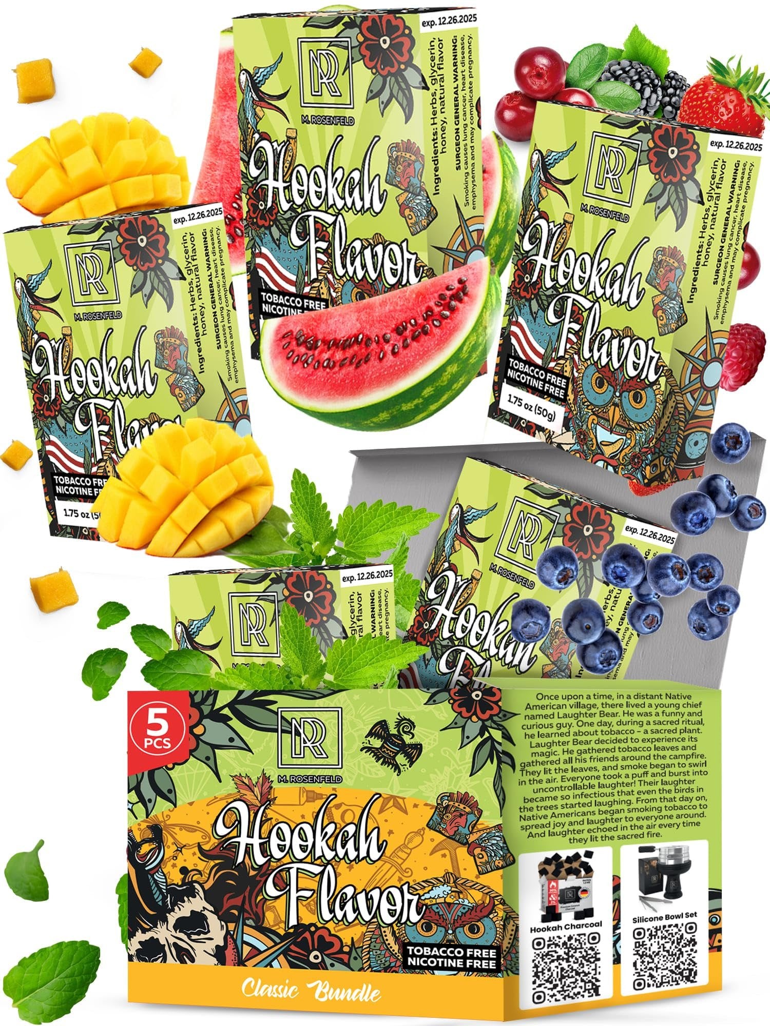 Classic Hookah Flavors Set - 5 x 50g Non Tobacco Hookah Flavor for your Hookah Bowl (Watermelon - Blueberry - Mango - Wildberry - Mint) Hookah Bundle Pack of 5 - Try these Tobacco Free Shisha