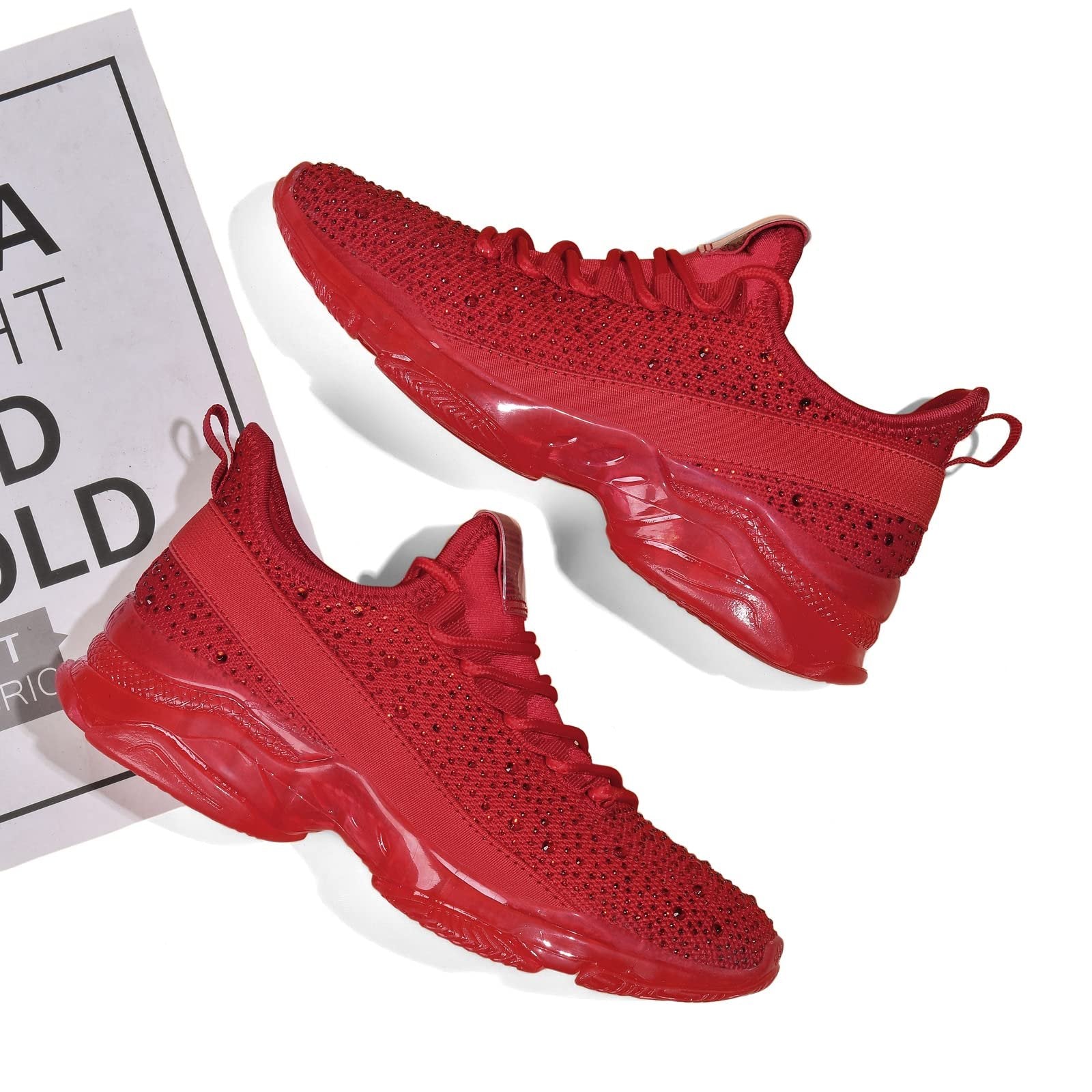 Women's Fashion Rhinestone Mesh Knit Slip On Sneaker Breathable Glitter Walking Shoes(Red,9)