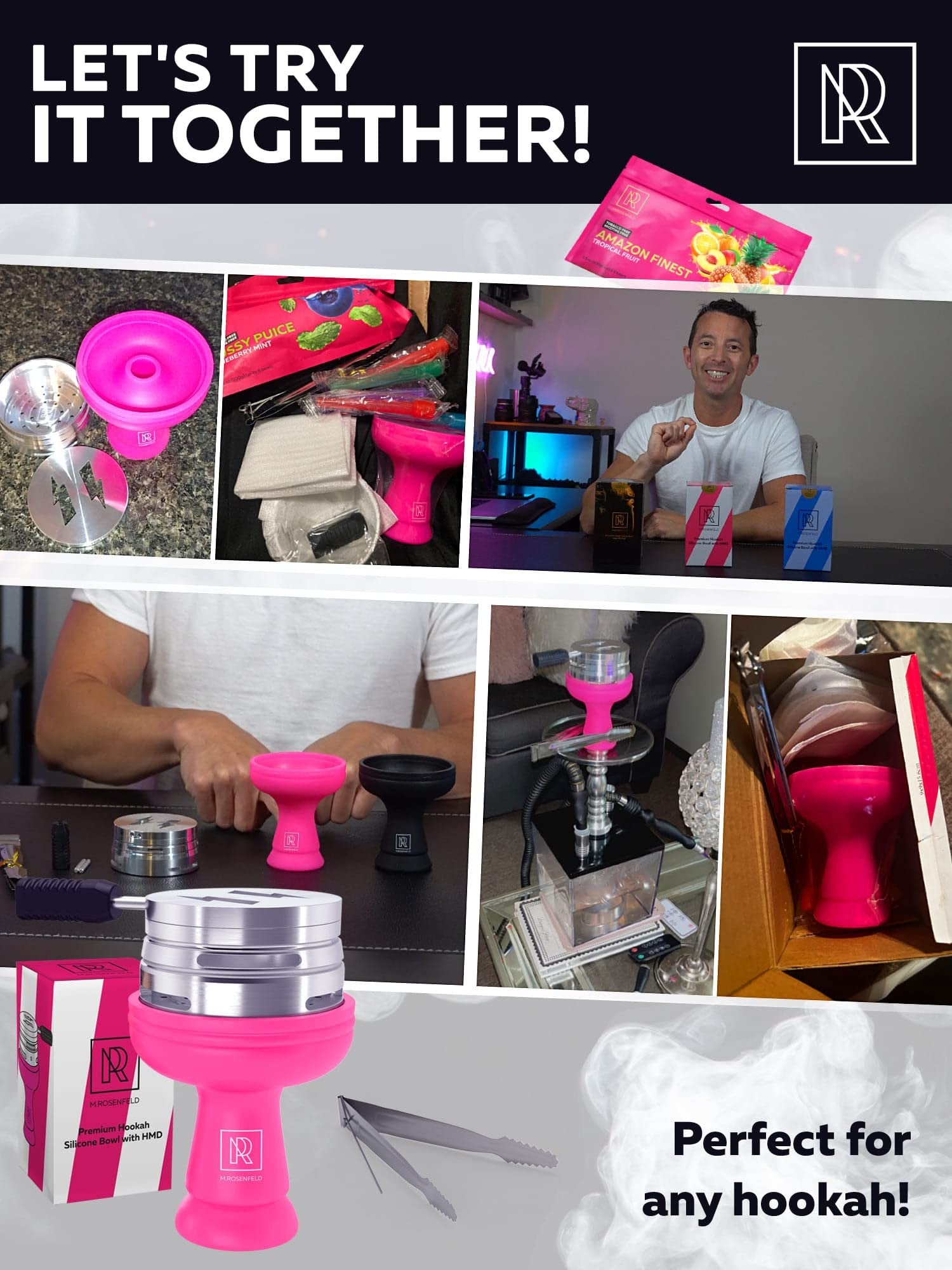 M. ROSENFELD Pink Hookah Bowl Set Silicone - Premium Shisha Bowl Phunnel Hookah Bowl Pink for Smoking with Hookah Tongs & Heat Management Charcoal Holder with Cover HULI