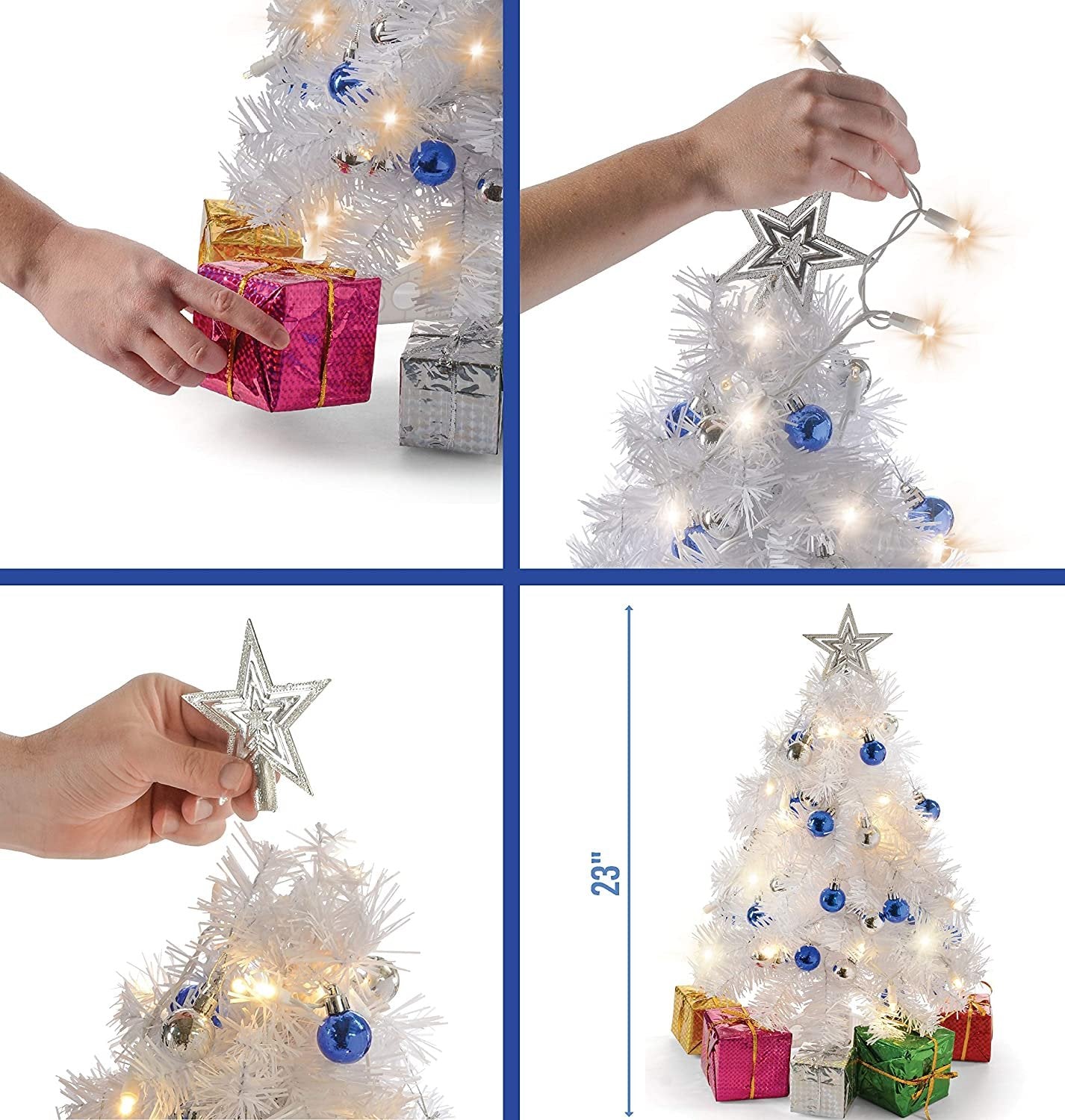 23 Mini White Christmas Tree w/ LED Lights - DIY Tabletop w/ Star Treetop & Hanging Ornaments