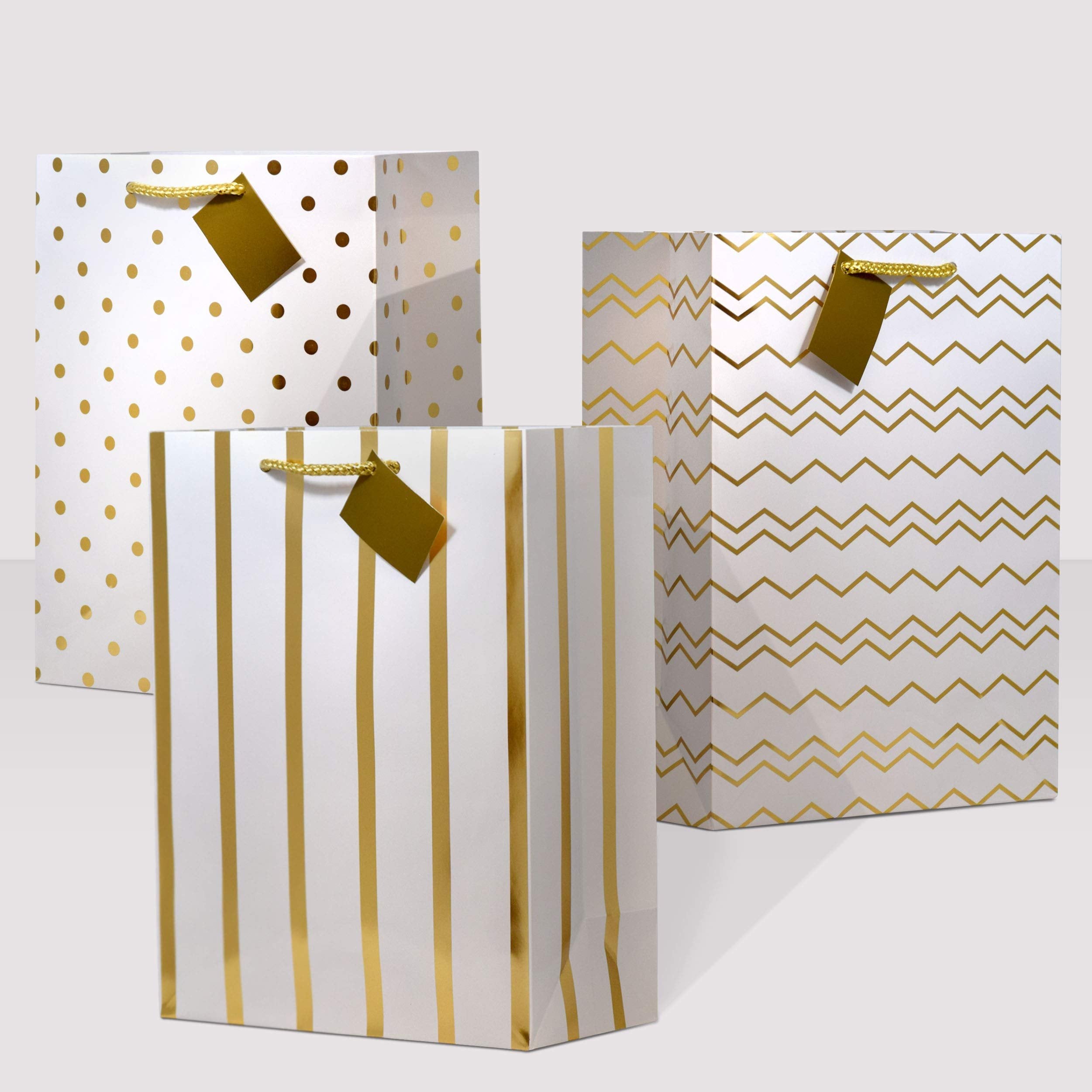 Gold Gift Bags - 12 Pack Large Metallic Designer Paper Bags with Handles, Fancy Gift Wrap Eurto Totes with Polka Dot, Chevron, Stripe Pattern for Birthdays, Party Favors, Holidays, Christmas, Bulk - 10x5x13