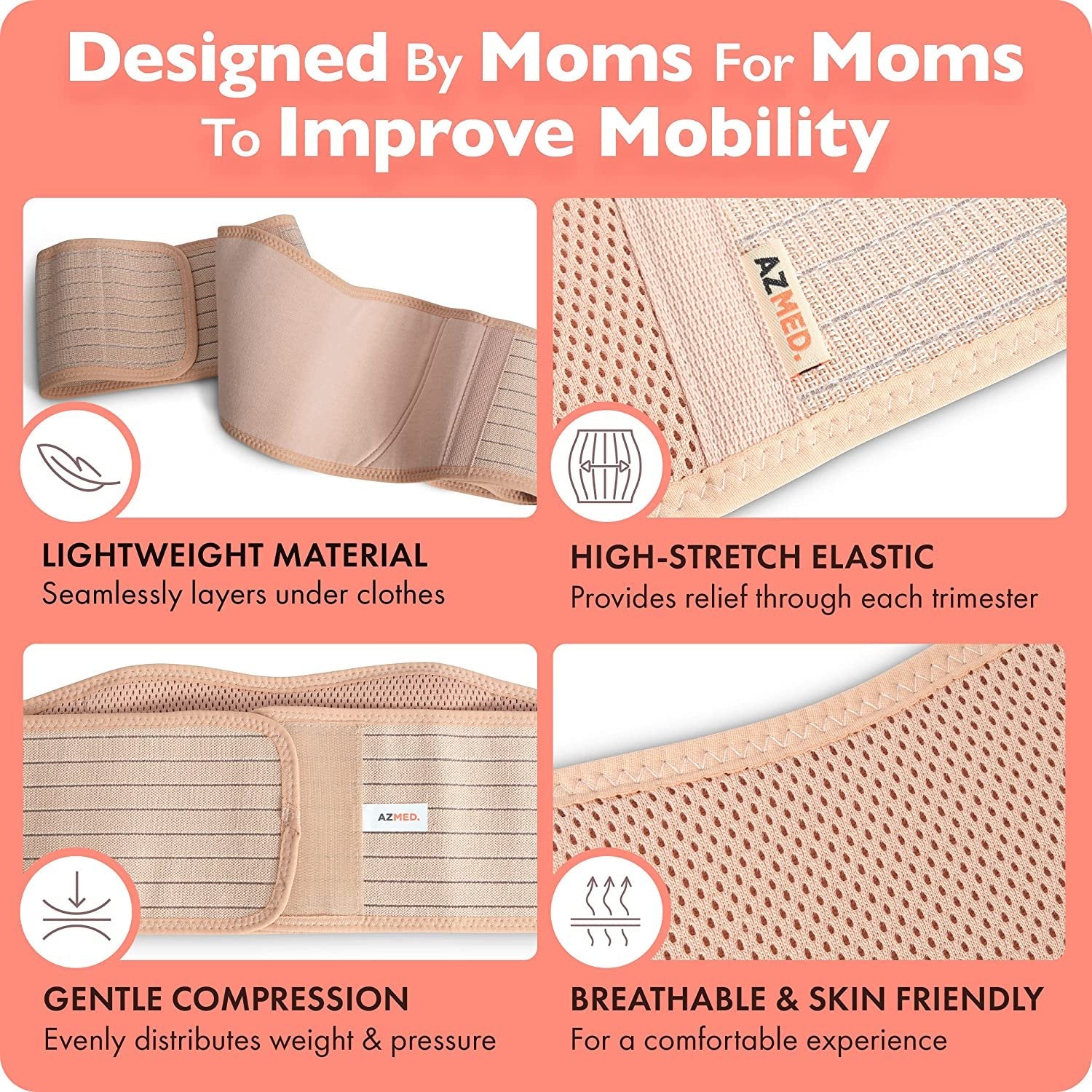 AZMED Maternity Belly Band for Pregnant Women | Pregnancy Belly Support Band for Abdomen, Pelvic, Waist, & Back Pain | Adjustable Maternity Belt | For All Stages of Pregnancy & Postpartum (Beige)