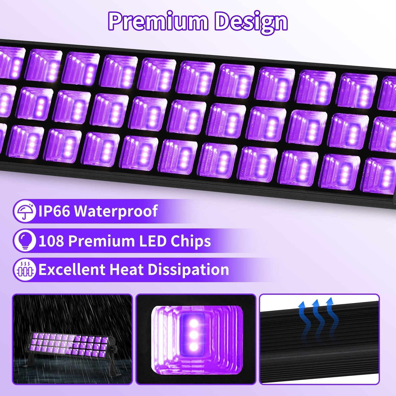 72W Black Light Bar IP66 Waterproof, LED Blacklight with Plug+Switch+5ft Cord, Outdoor Black lights with 108 LEDs, Light Up 900 sq.ft, for Neon Glow Party Halloween Decor Body Paint Fluorescent Poster
