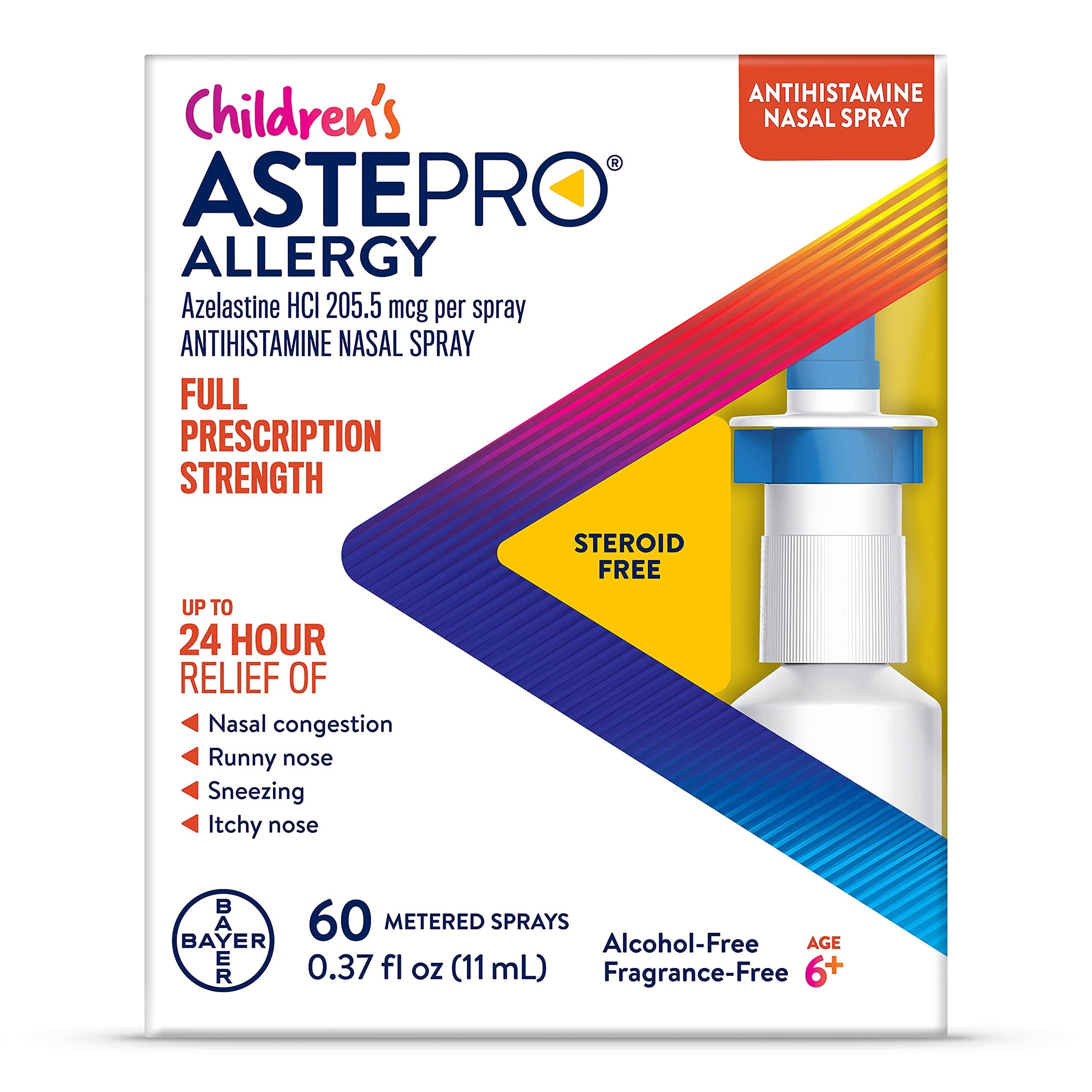 Astepro Children's Allergy Nasal Spray - Steroid-Free Antihistamine For 24-Hour Allergy Relief, Nasal Congestion, Runny Nose, 60 Metered Sprays, White, 0.37 Fl Oz (Pack of 1)