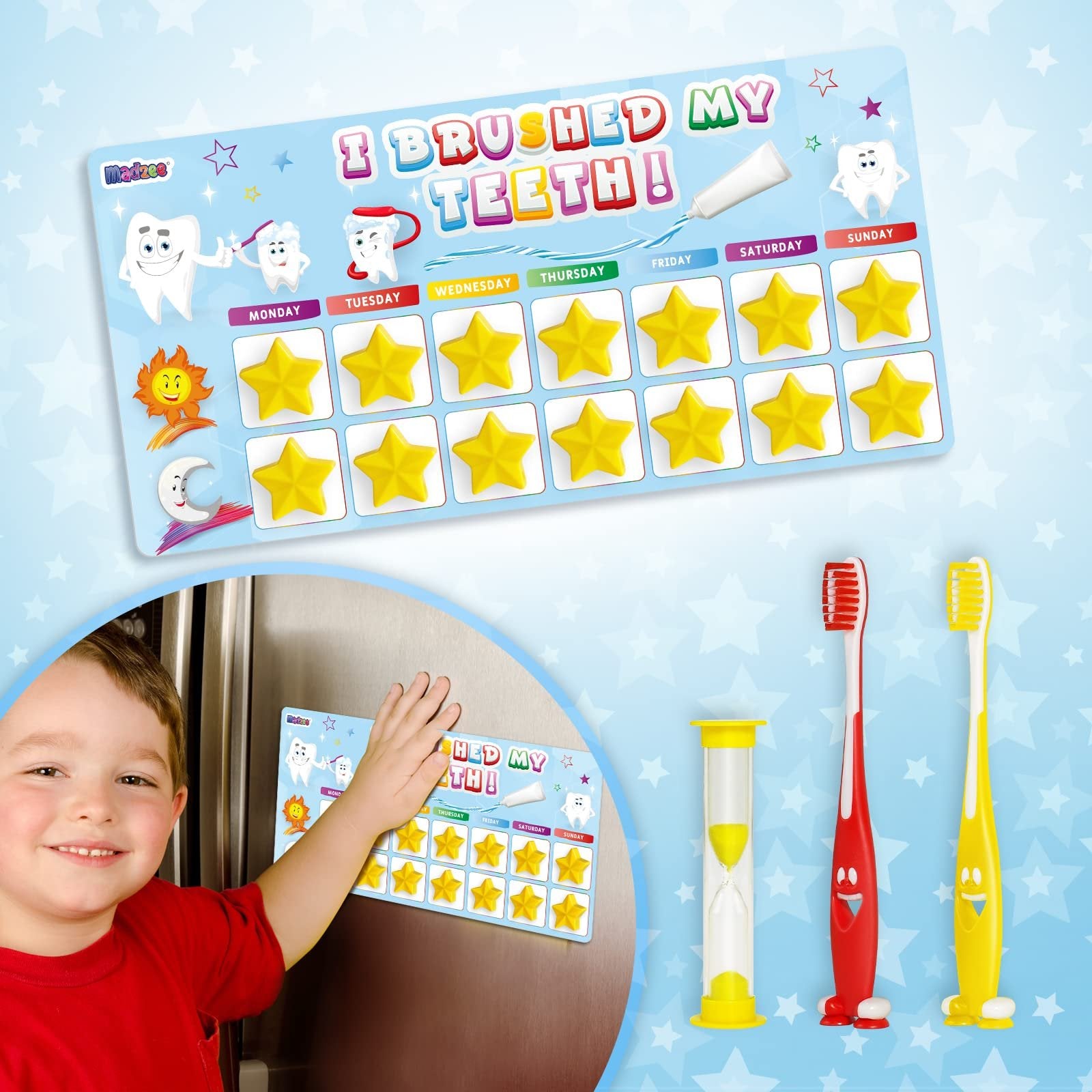 Madzee Toothbrush for Kids with Reward Chart Set, Sand Timer - 2Pcs Soft Bristle Kids Tooth Brush with Magnetic Behavior Chart for Children's Ages 3+