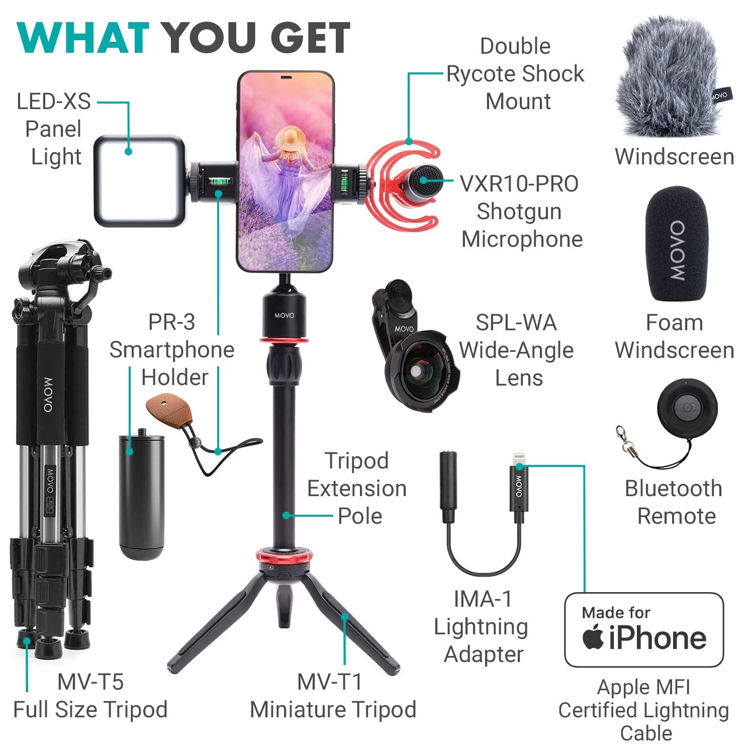 Movo iVlog1 Vlogging Kit for iPhone with Fullsize Tripod - Lightning Compatible Vlog Kit - Accessories: Shotgun Mic, Tripods, LED Light, Wide-Angle Lens for YouTube Starter Kit or iPhone Vlogging Kit