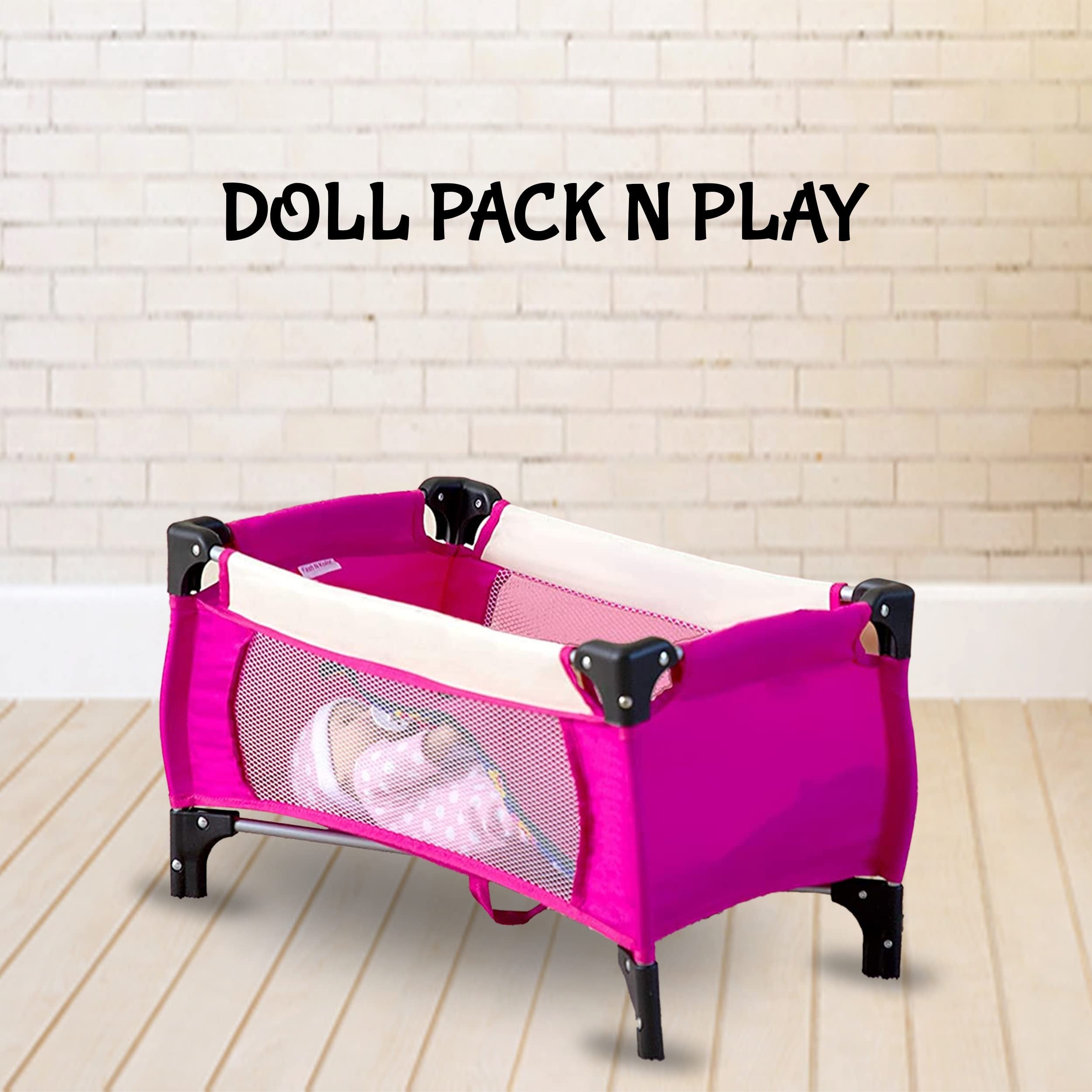 fash n kolor Doll Pack N Play Crib Fits up to 18" Dolls Blanket and Carry Bag Included (Hot Pink)